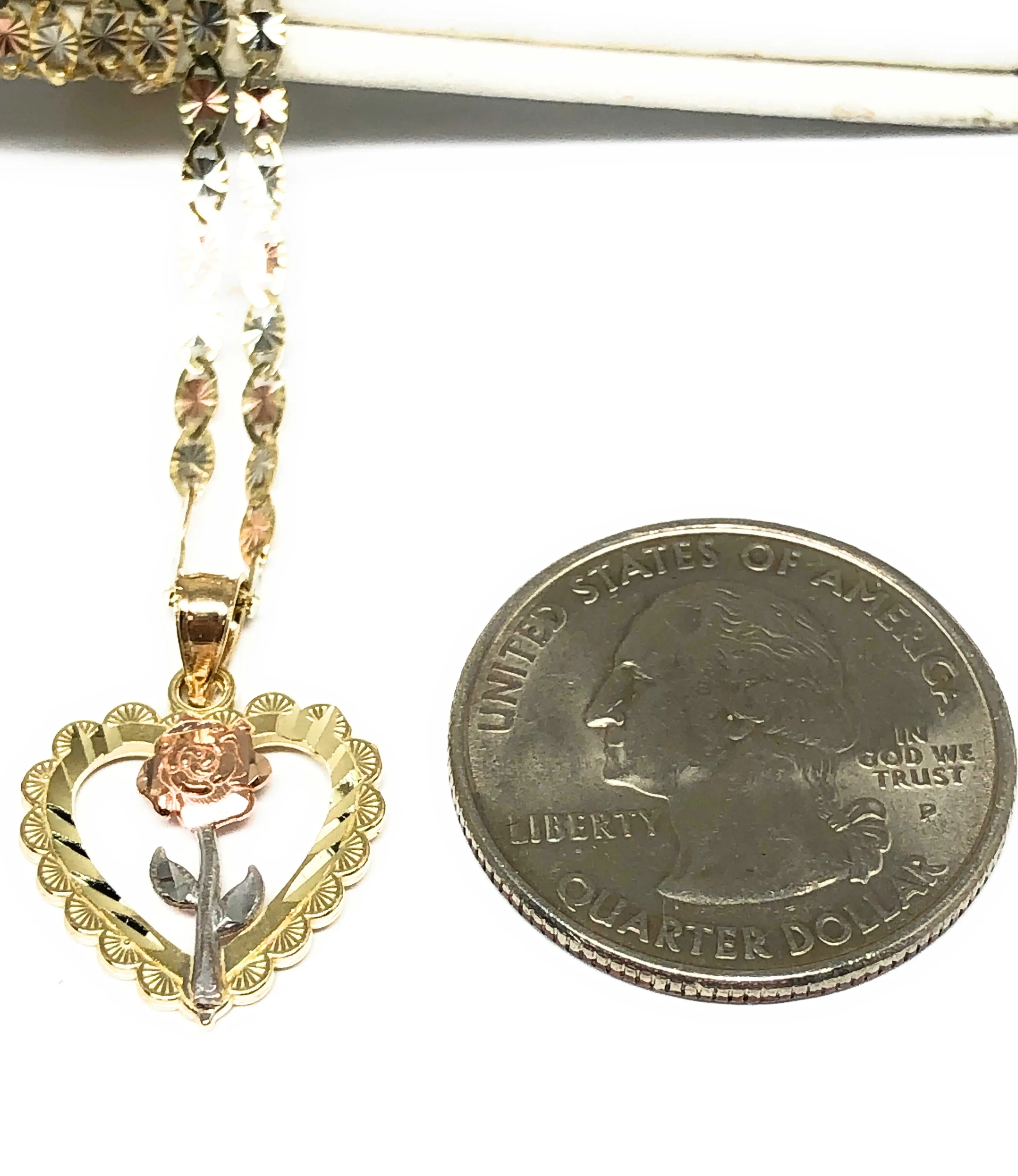 10k Solid Gold Yellow & Rose Heart Pendant Necklace Valentina Chain