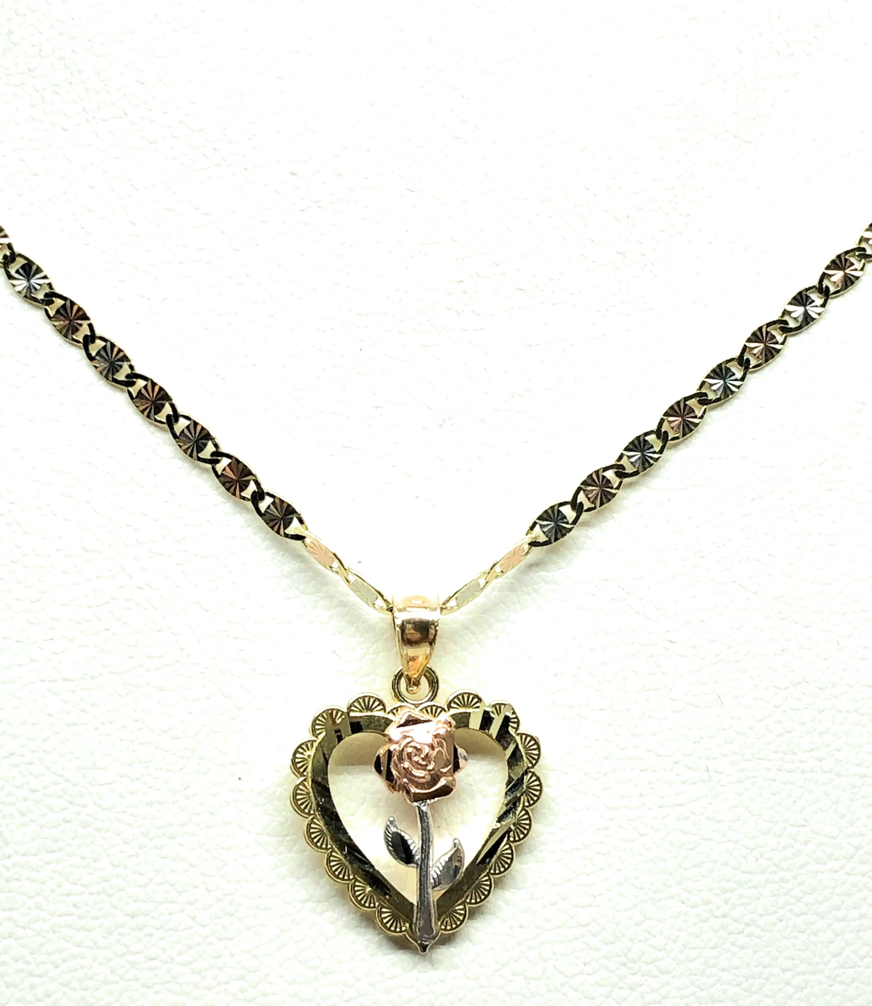 10k Solid Gold Yellow & Rose Heart Pendant Necklace Valentina Chain