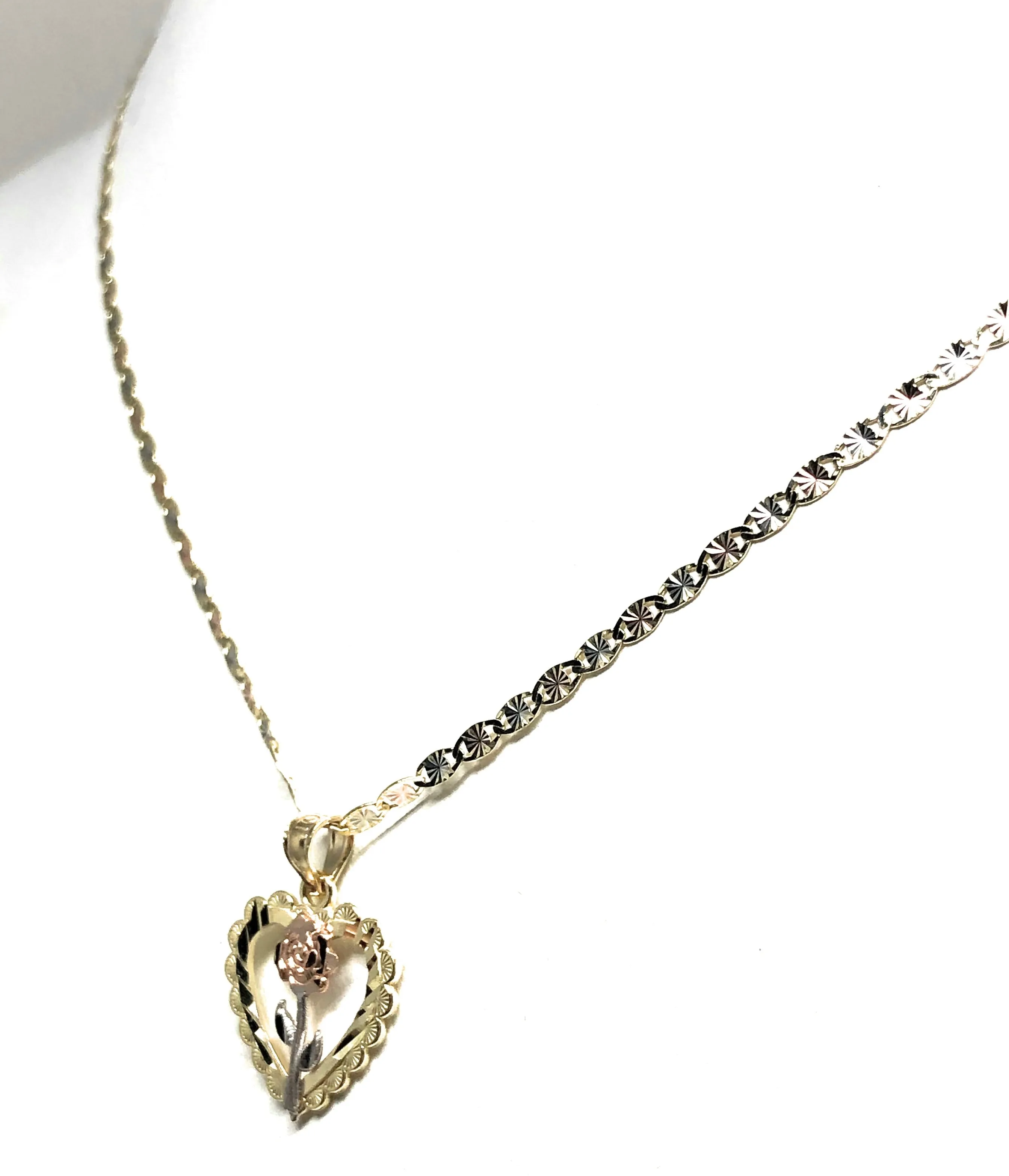 10k Solid Gold Yellow & Rose Heart Pendant Necklace Valentina Chain