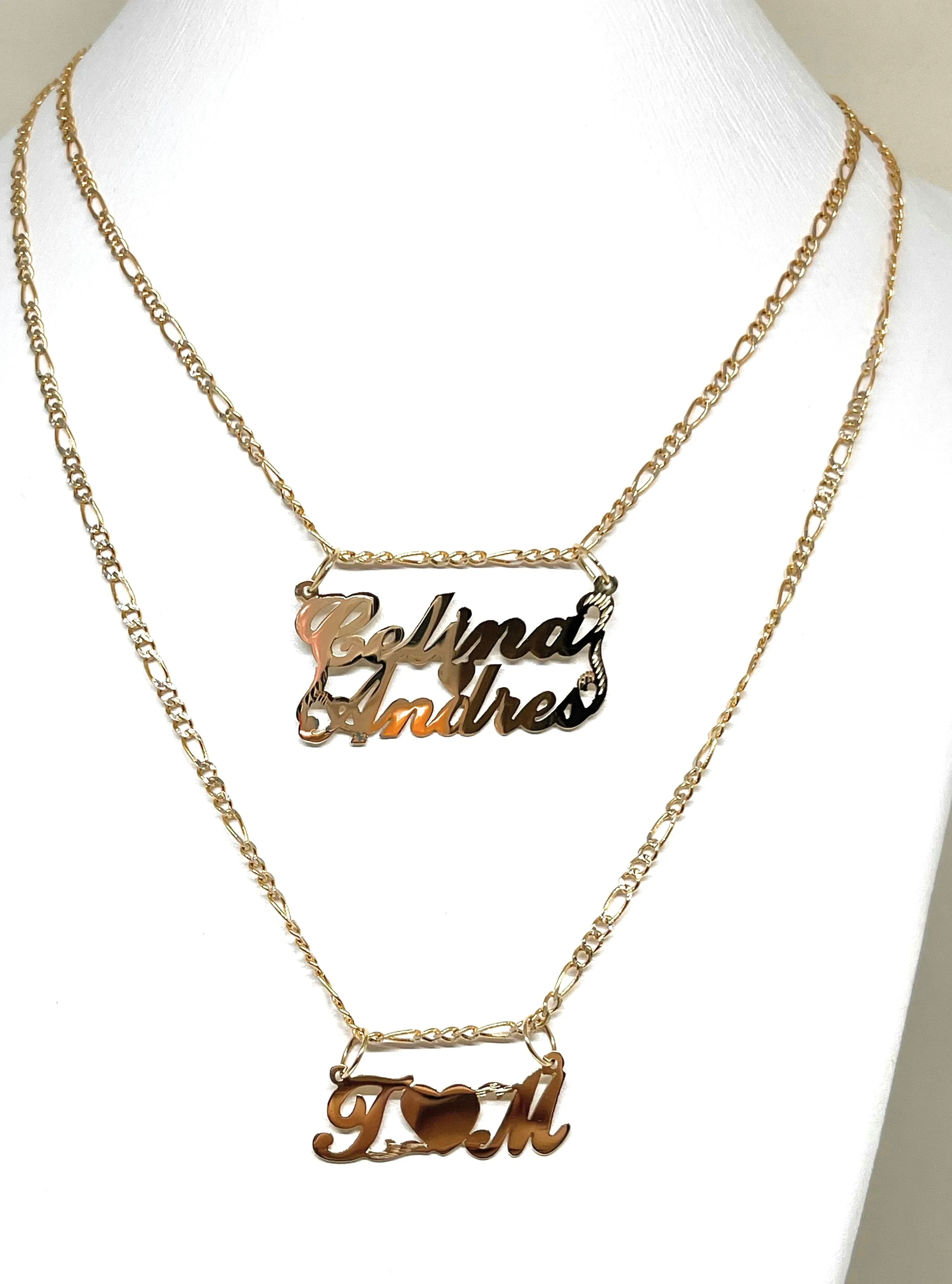 10k Solid Gold Yellow Custom Heart 2 Names Pendant Necklace with Chain Options