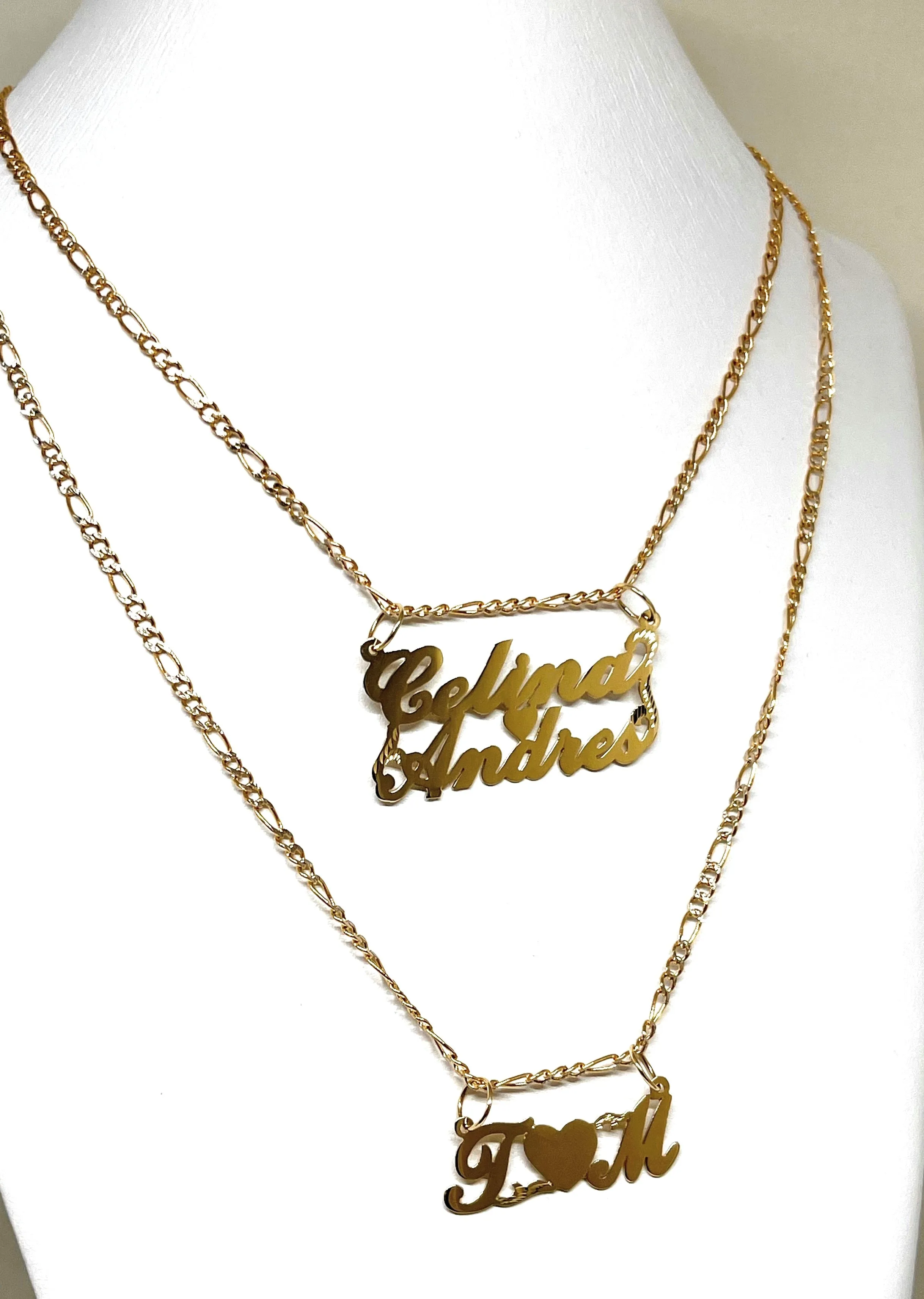 10k Solid Gold Yellow Custom Heart 2 Names Pendant Necklace with Chain Options