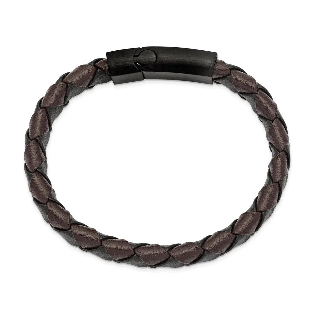 11mm Black Plated Stainless Steel Black/Brown Leather Bracelet 8.25 In