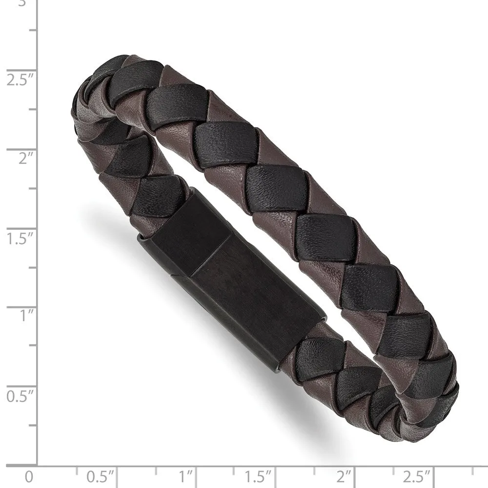 11mm Black Plated Stainless Steel Black/Brown Leather Bracelet 8.25 In