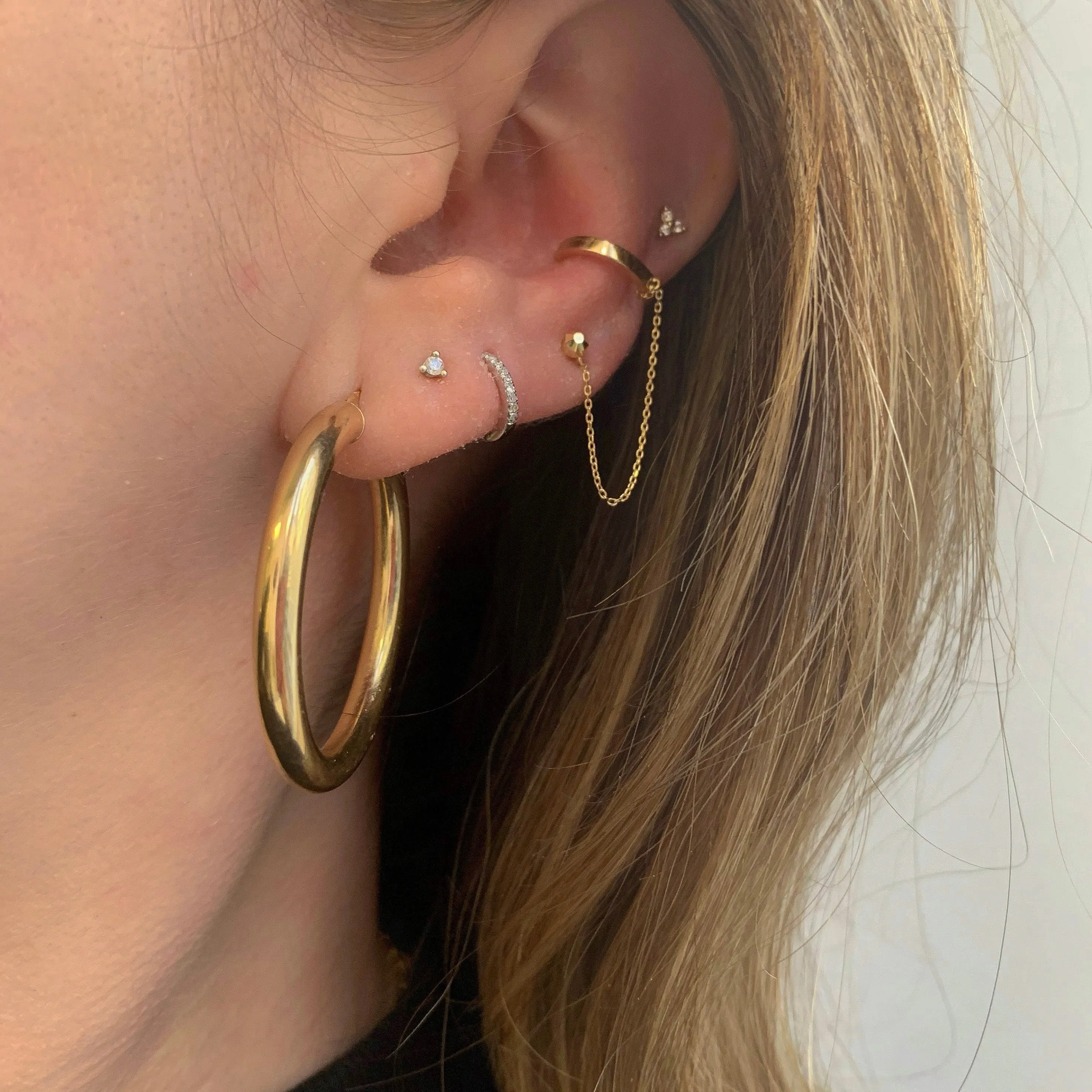 14K Gold Ear Cuff with Stud Chain Earring