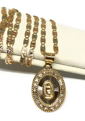 14k Solid Gold Virrgin Mary CZ Pendant Necklace Virrgen Gaudalupe Valentina Chain