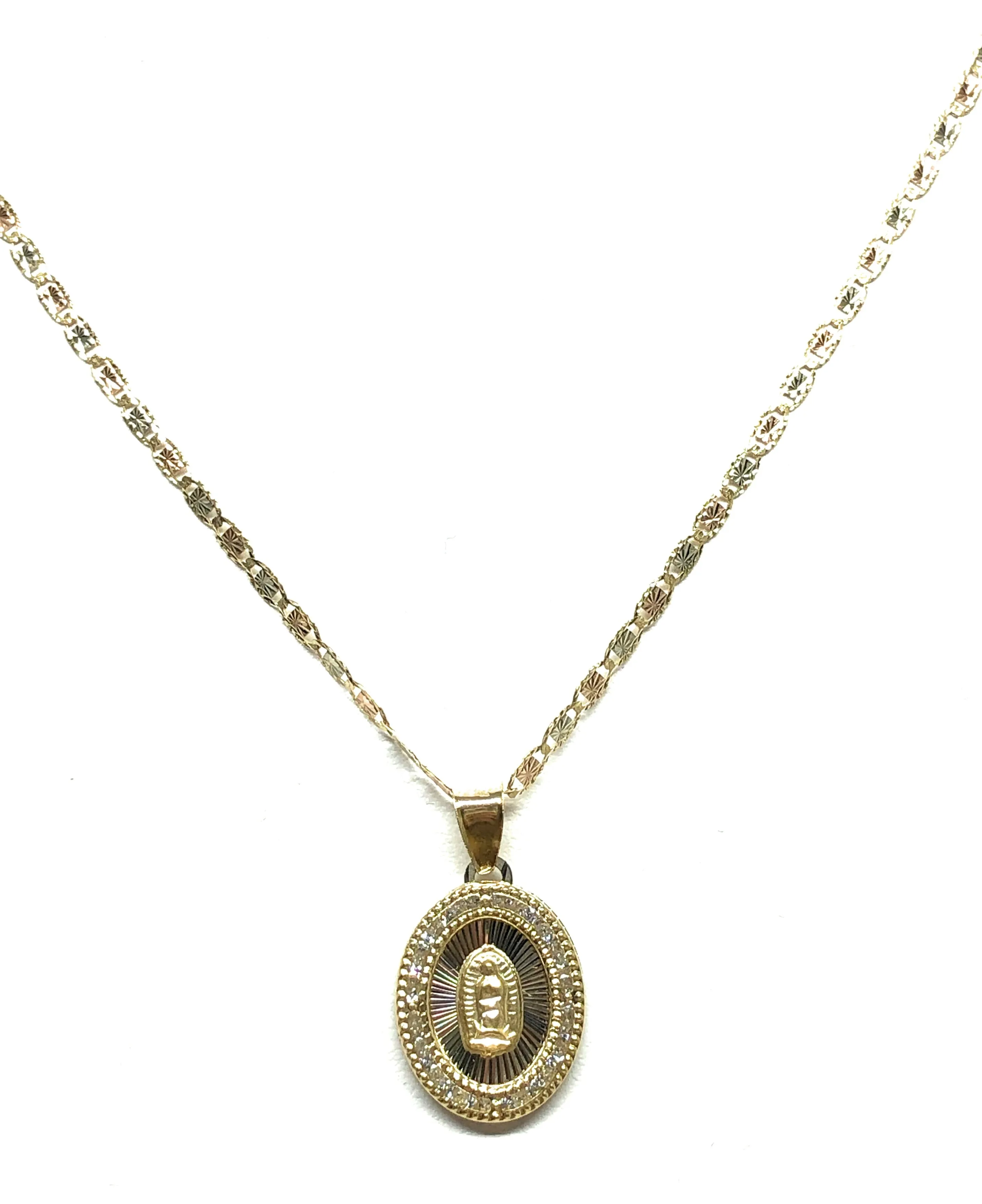 14k Solid Gold Virrgin Mary CZ Pendant Necklace Virrgen Gaudalupe Valentina Chain