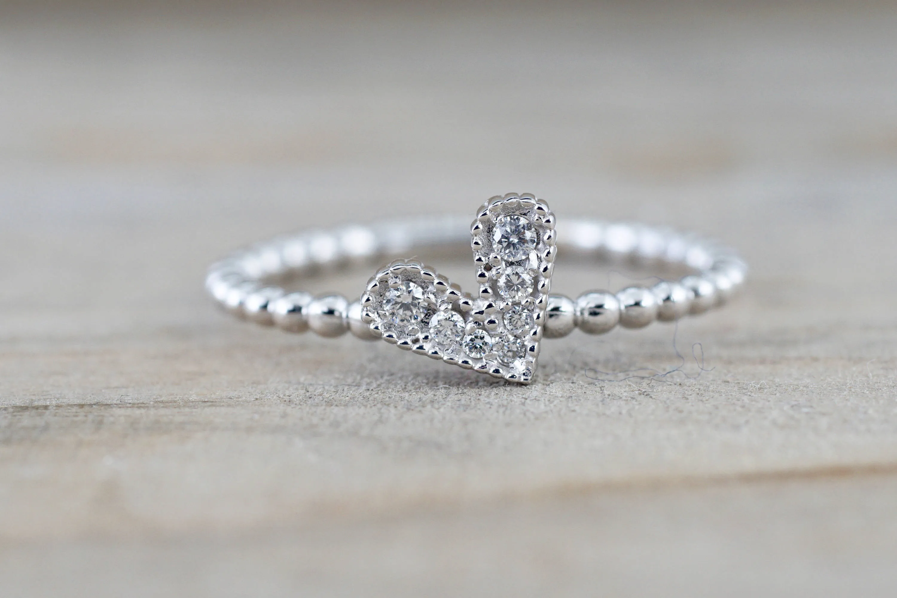 14k White Gold Dainty Heart Ring With Round Cut Diamonds Bead Design Promise Ring Anniversary Band Vines Filigree Milgrain Etchi