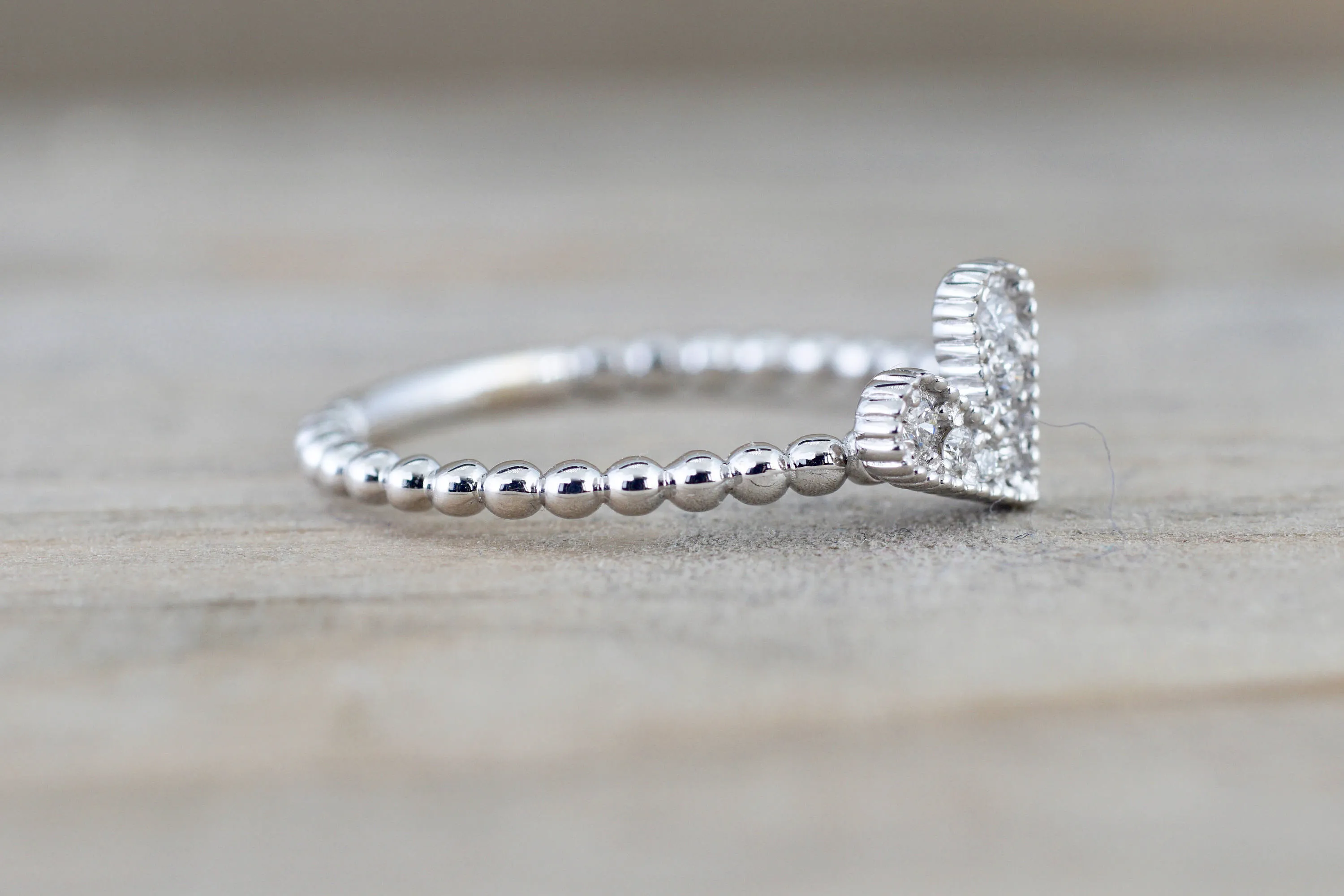 14k White Gold Dainty Heart Ring With Round Cut Diamonds Bead Design Promise Ring Anniversary Band Vines Filigree Milgrain Etchi