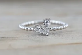 14k White Gold Dainty Heart Ring With Round Cut Diamonds Bead Design Promise Ring Anniversary Band Vines Filigree Milgrain Etchi