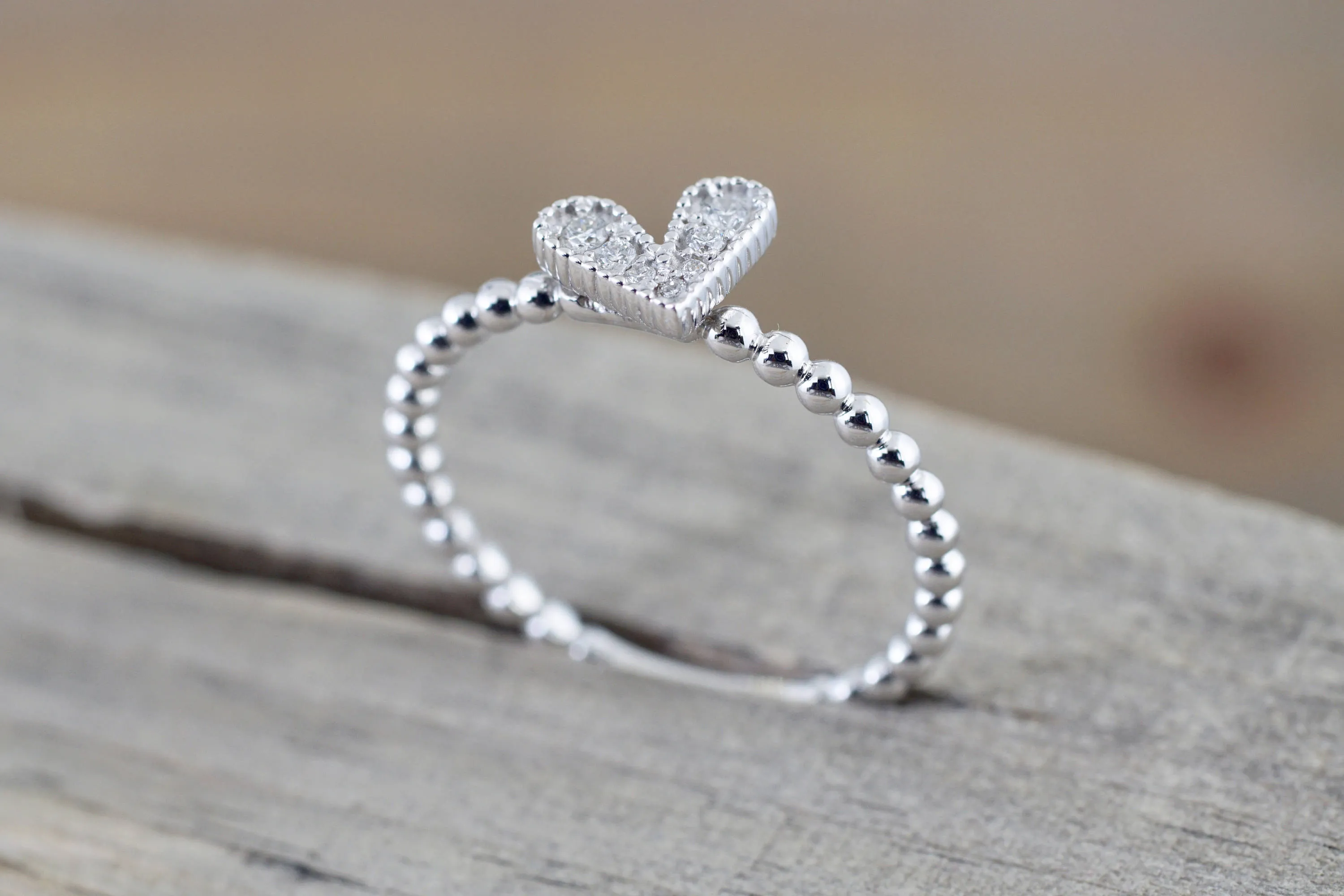 14k White Gold Dainty Heart Ring With Round Cut Diamonds Bead Design Promise Ring Anniversary Band Vines Filigree Milgrain Etchi