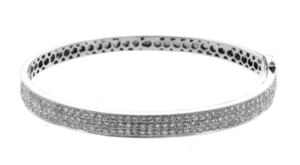 14K White Gold Three Row Diamond Bangle With Round Cut Diamonds 3.00CT