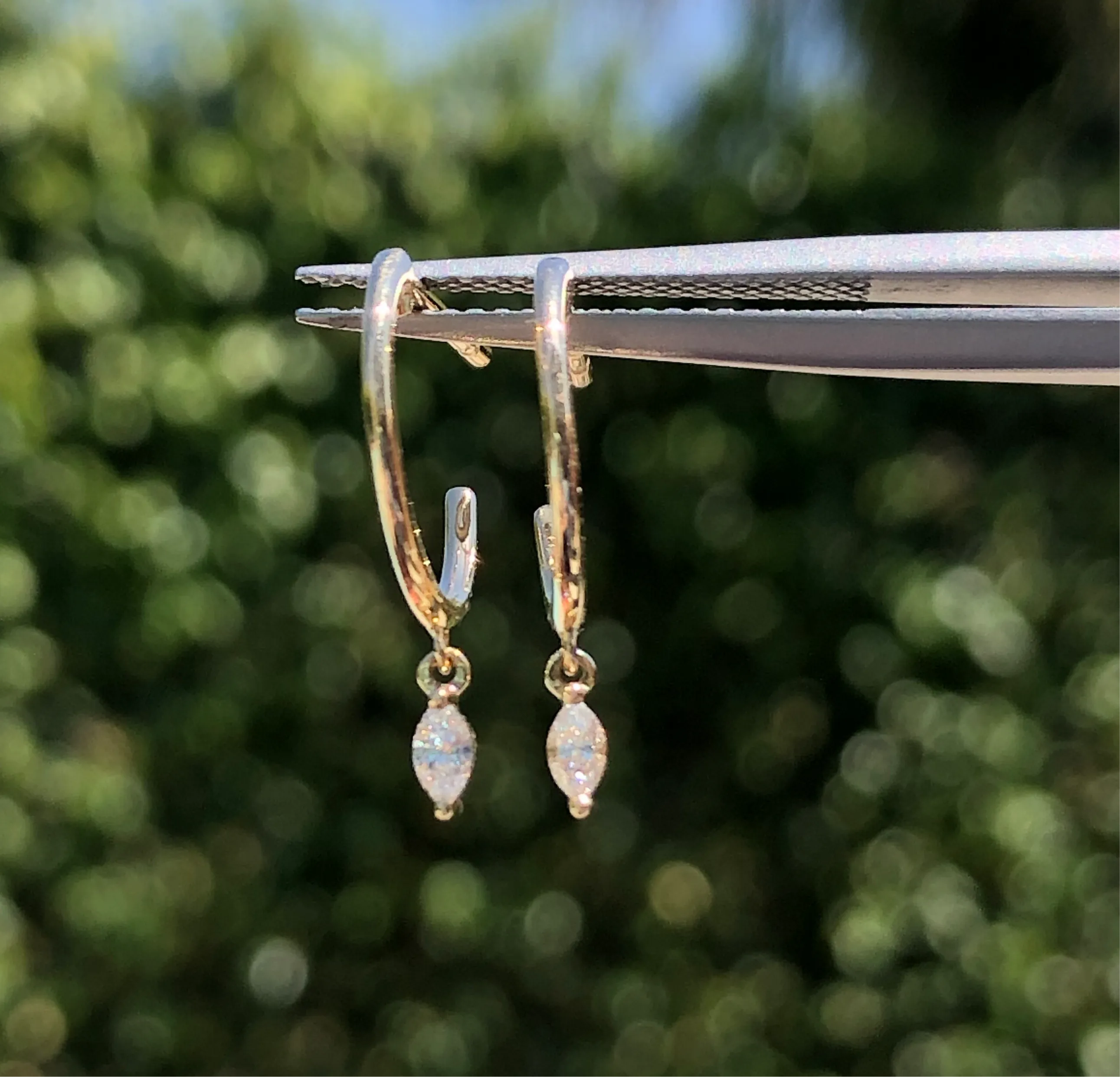 14k Yellow Gold Marquise Diamond Dangling Hoop Earring