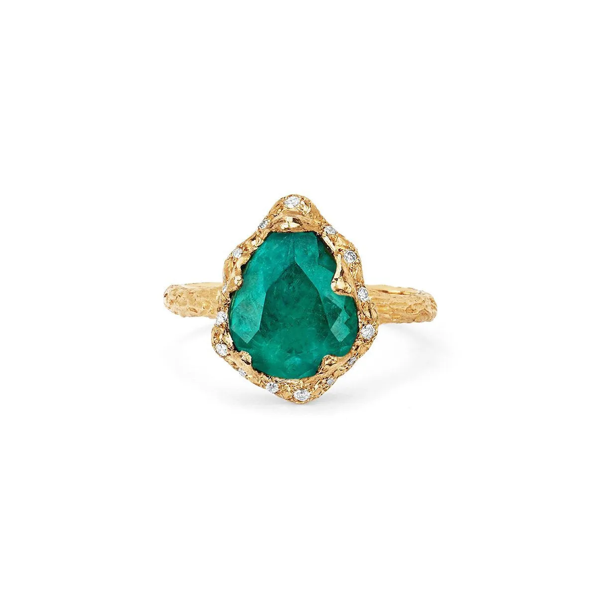 18k Baby Queen Water Drop Colombian Emerald Ring with Sprinkled Diamonds