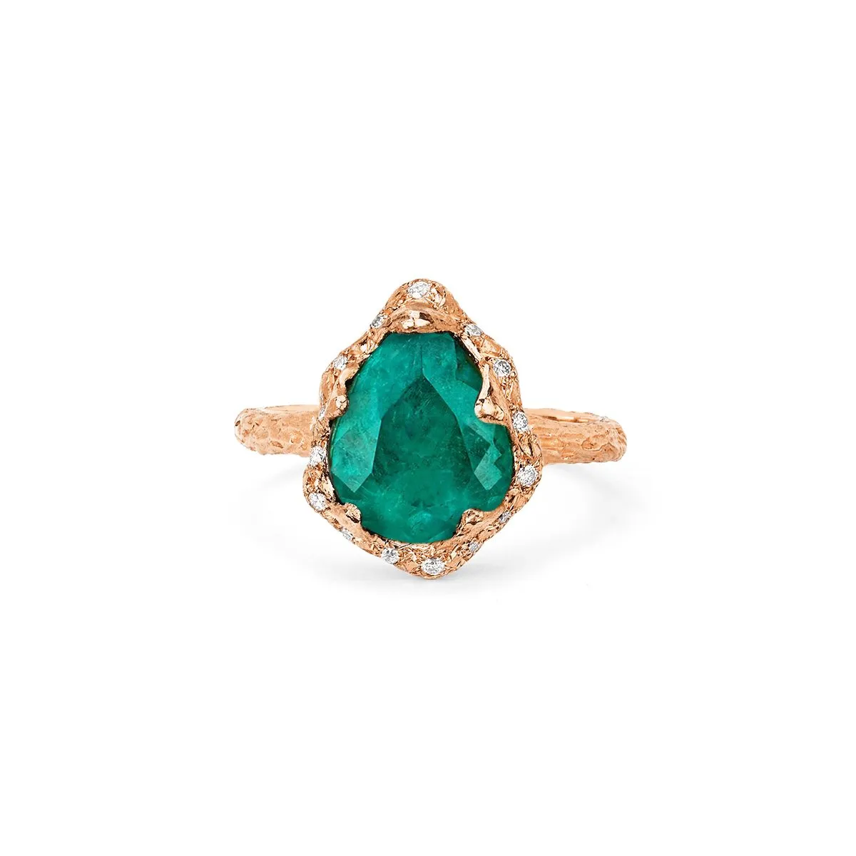 18k Baby Queen Water Drop Colombian Emerald Ring with Sprinkled Diamonds