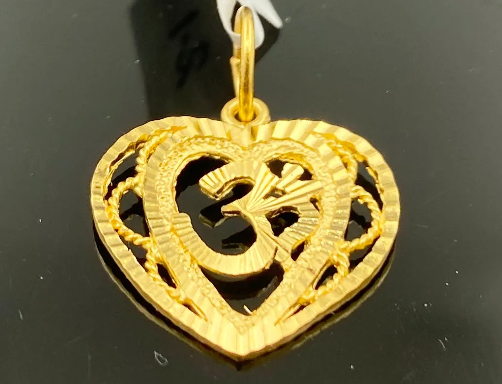 22k Pendant Solid Gold Heart Shape Geometric Cut Religious Hindu Design P3256