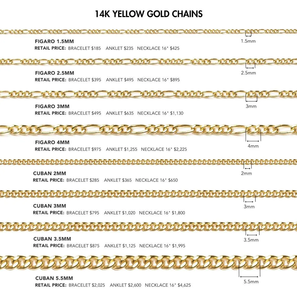 2mm Cuban Diamond Cut 14k Gold Chain Sold by the inch