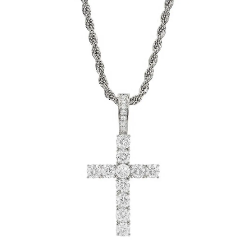 4MM CZ Iced Out 1 Row Tennis Cross + Rope Chain Stainless Steel