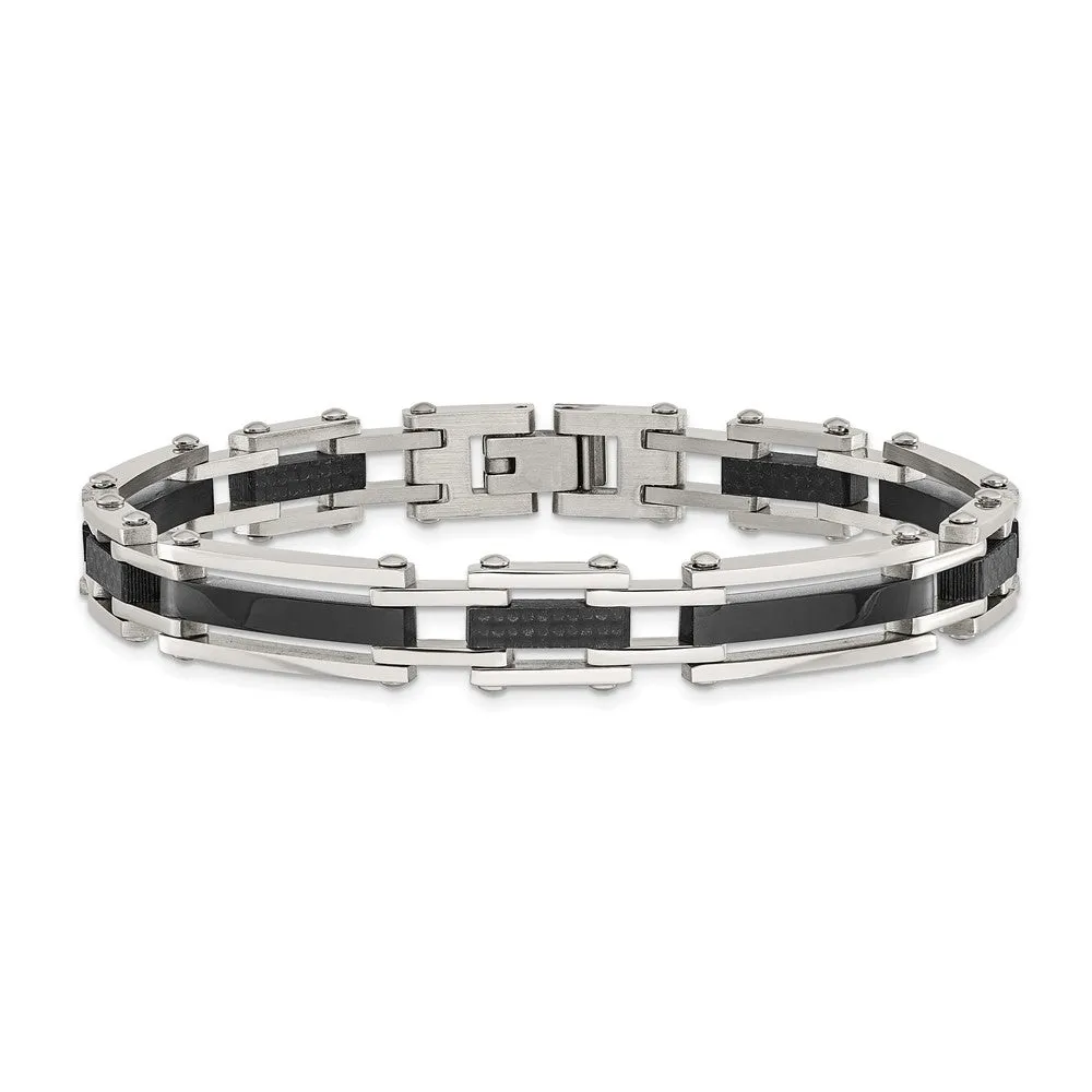 9.25mm Stainless Steel Black Plated & Carbon Fiber Bracelet, 8.25 Inch