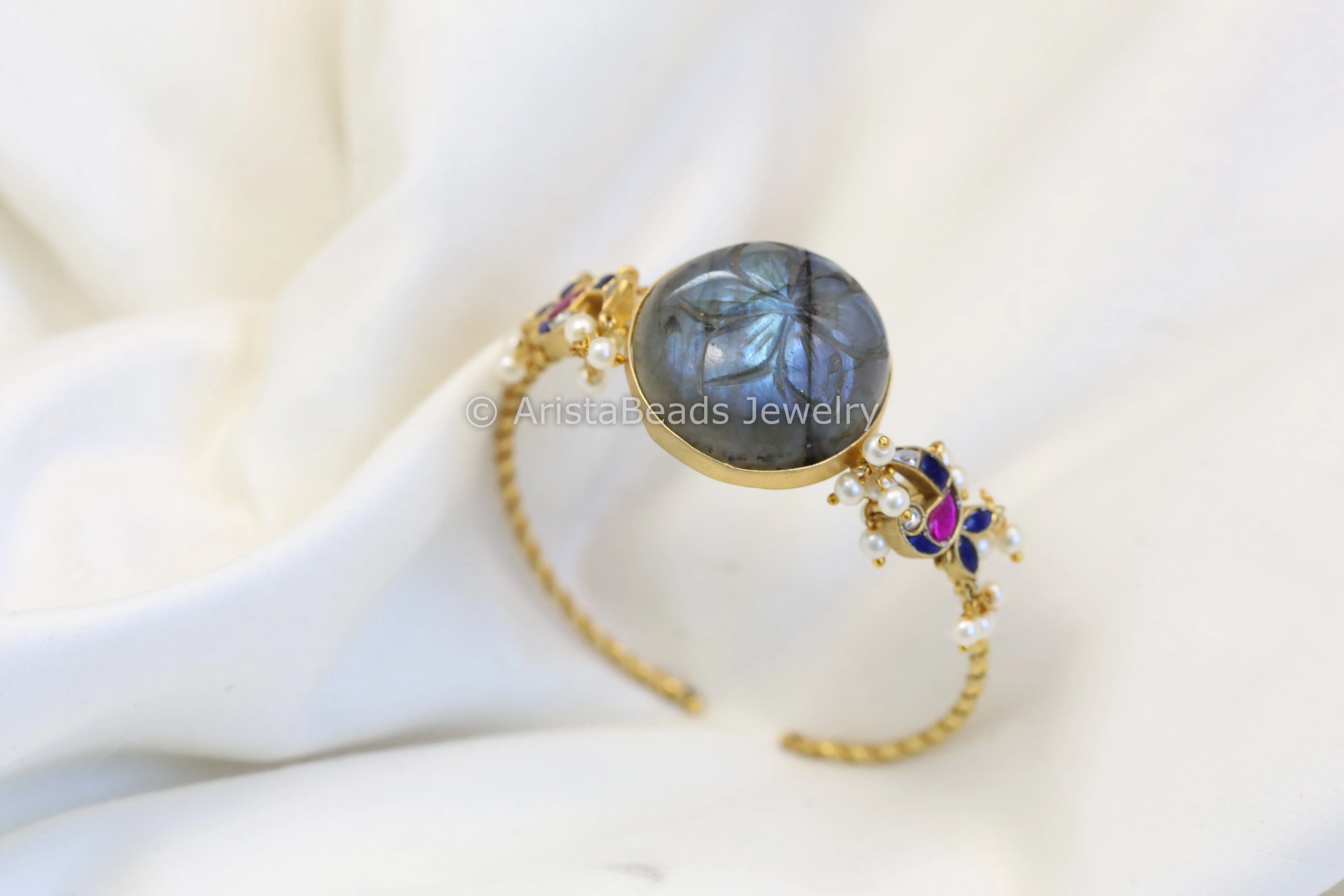 Adjustable Jadau & Labradorite Stone Bangle - Style 2