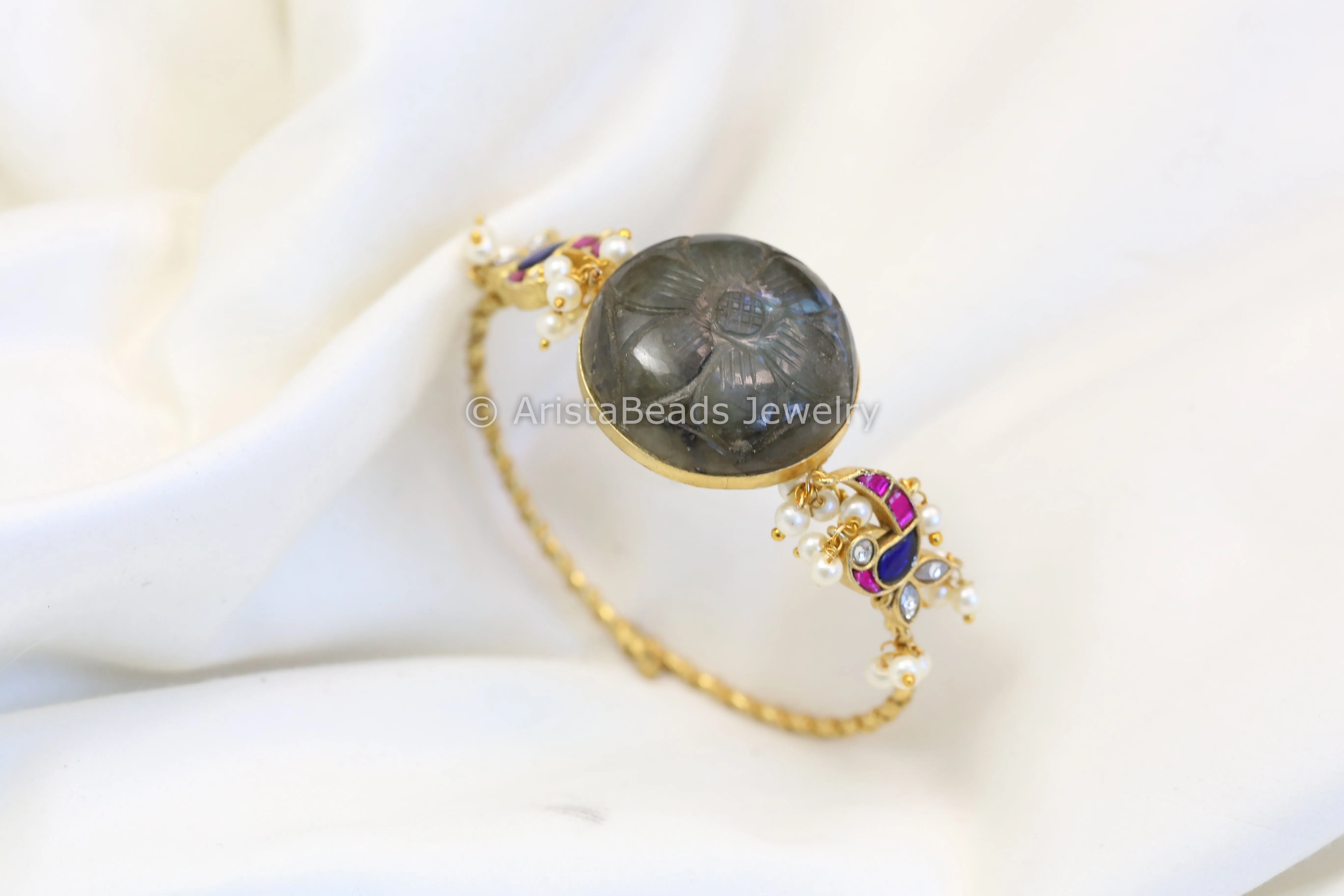 Adjustable Jadau & Labradorite Stone Bangle - Style 3