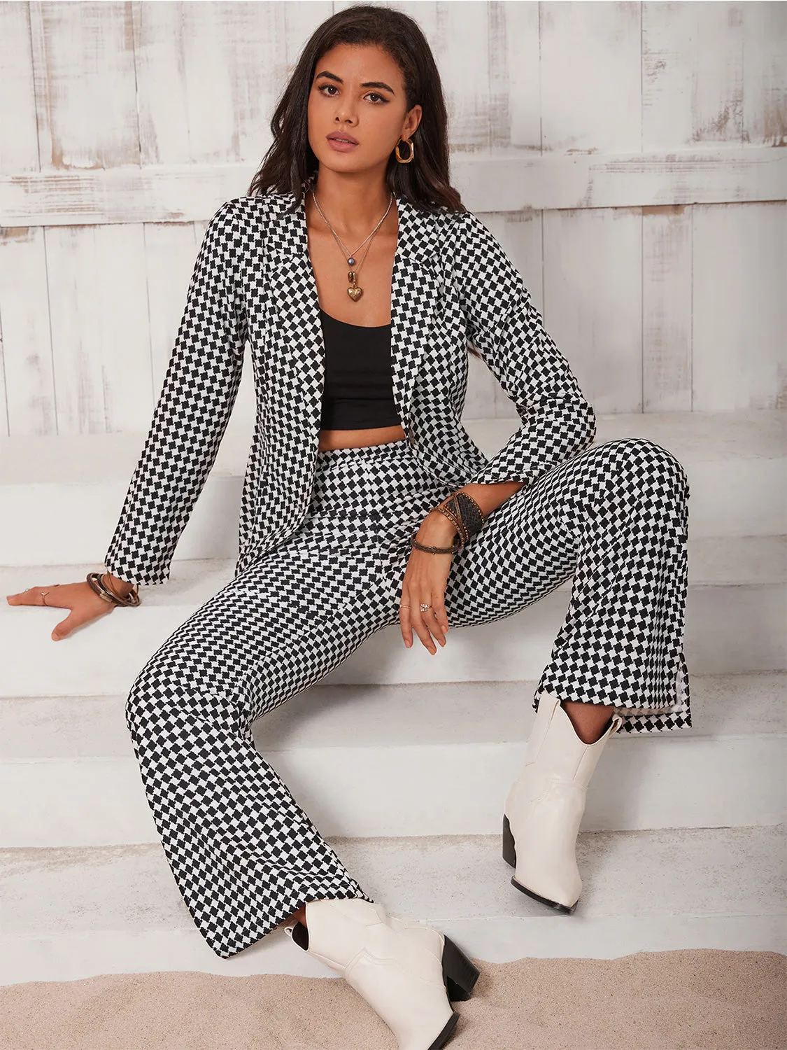 Ana Lisa Checkered Blazer & Slit Pants Set