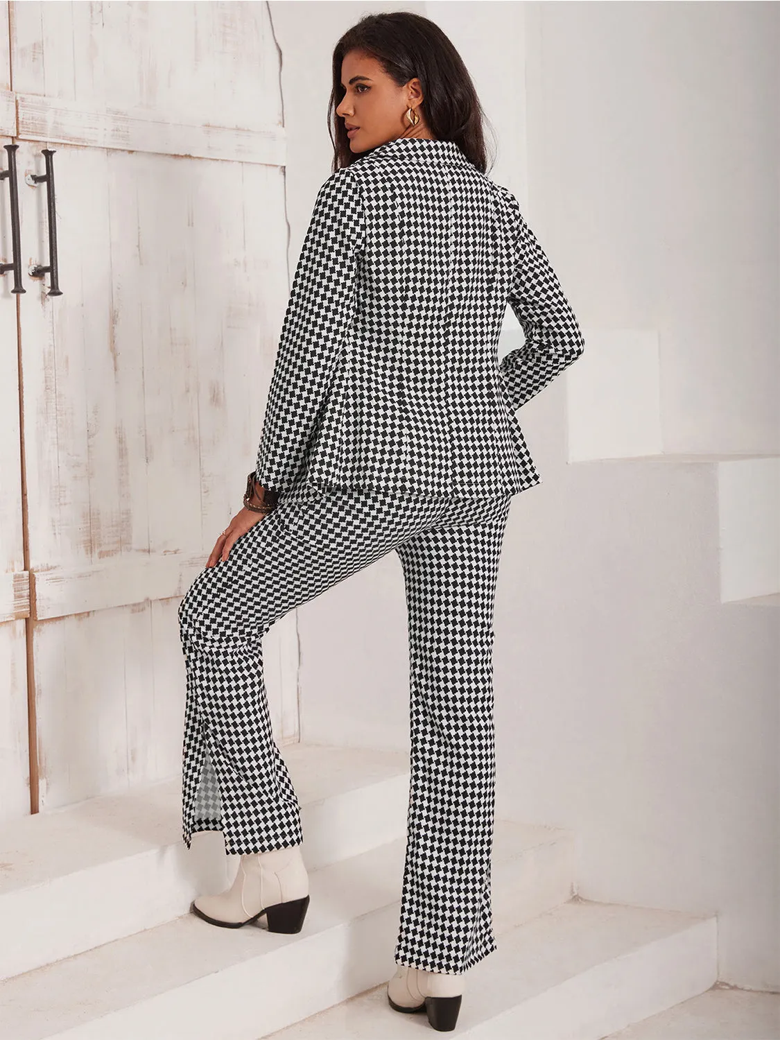 Ana Lisa Checkered Blazer & Slit Pants Set