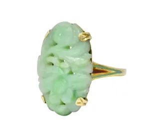 Antique Art Nouveau Carved Jade Enamel 14 Karat Gold Floral Ring