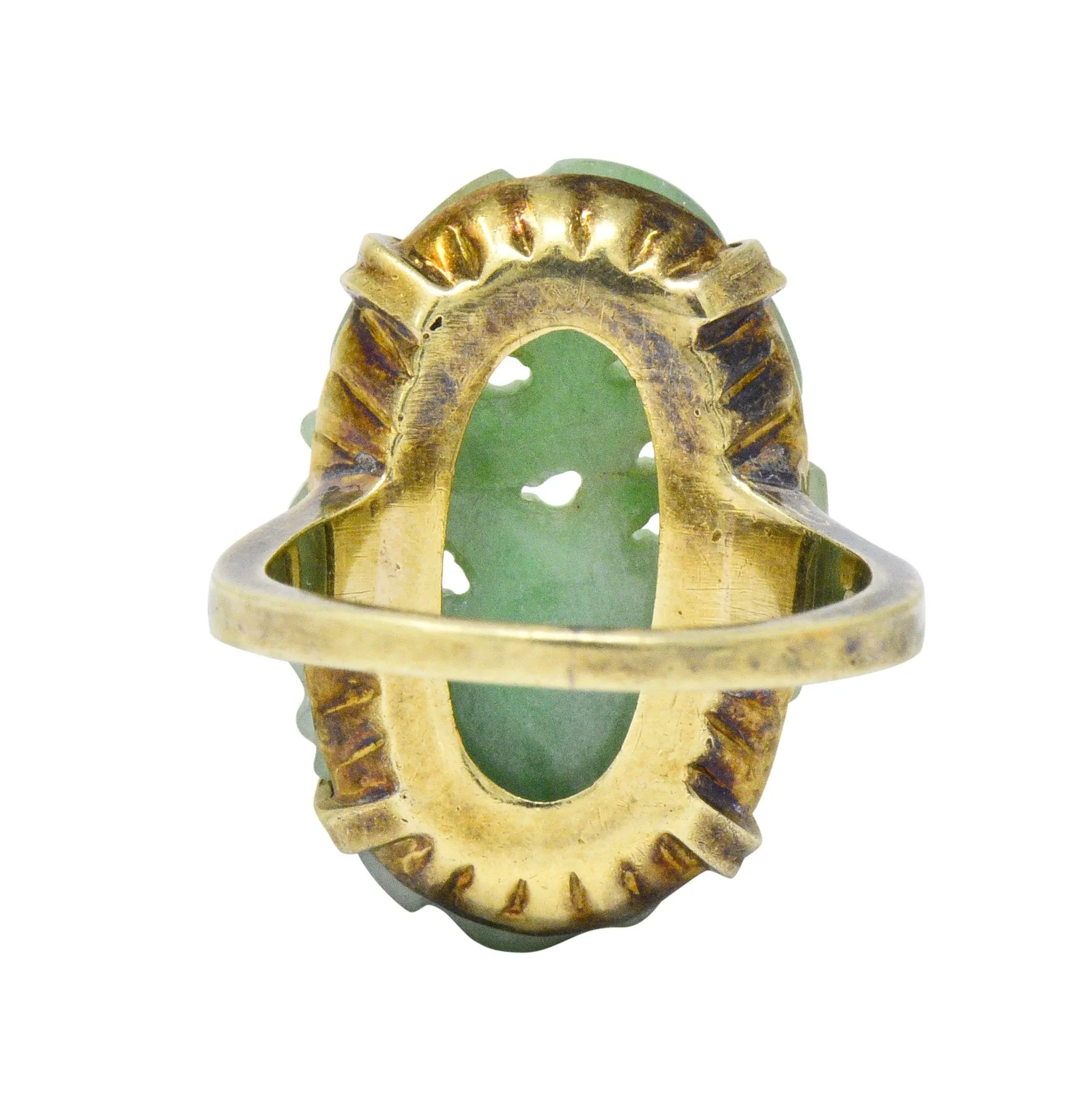 Antique Art Nouveau Carved Jade Enamel 14 Karat Gold Floral Ring