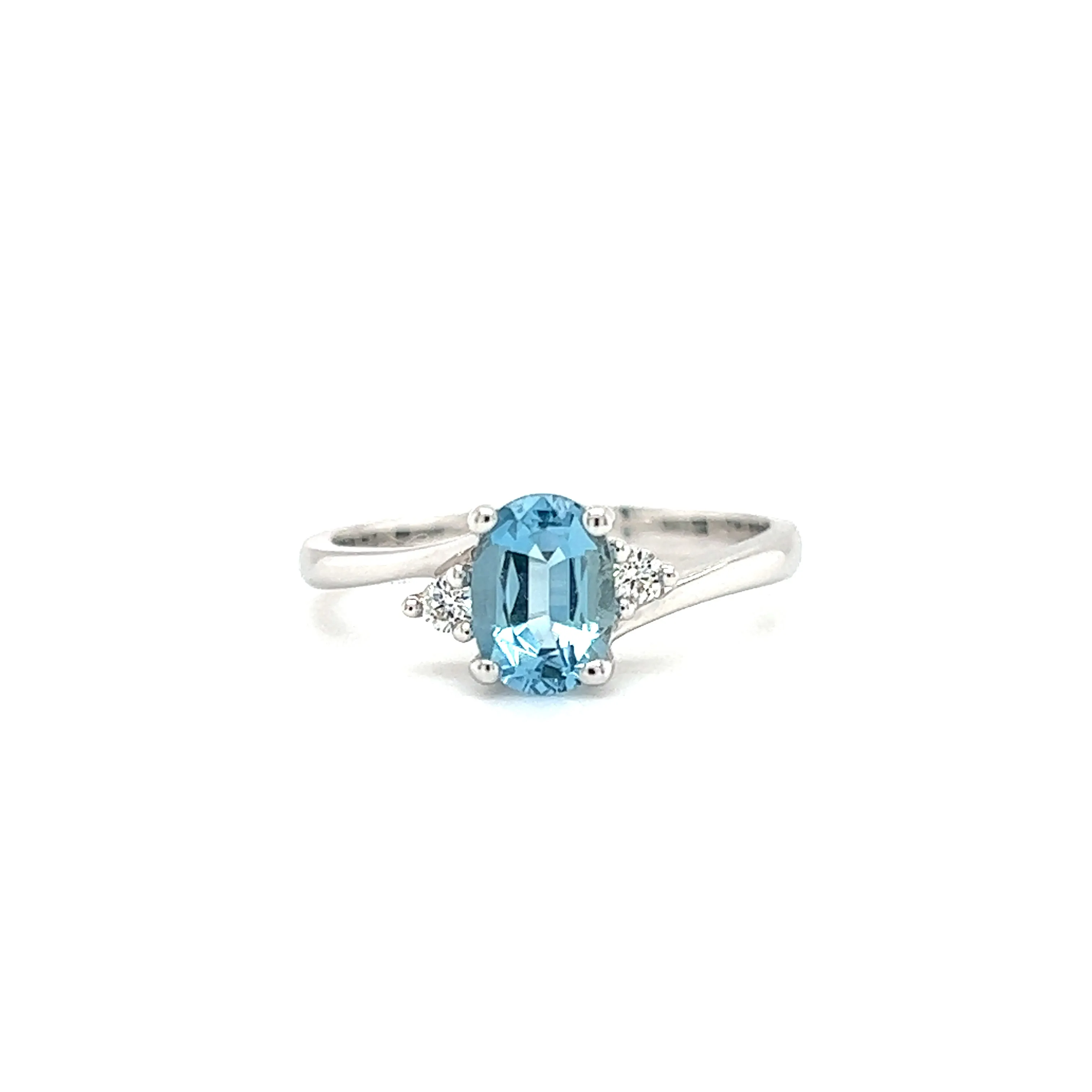 Aquamarine Bypass Ring with Two Side Diamonds in 14K White Gold