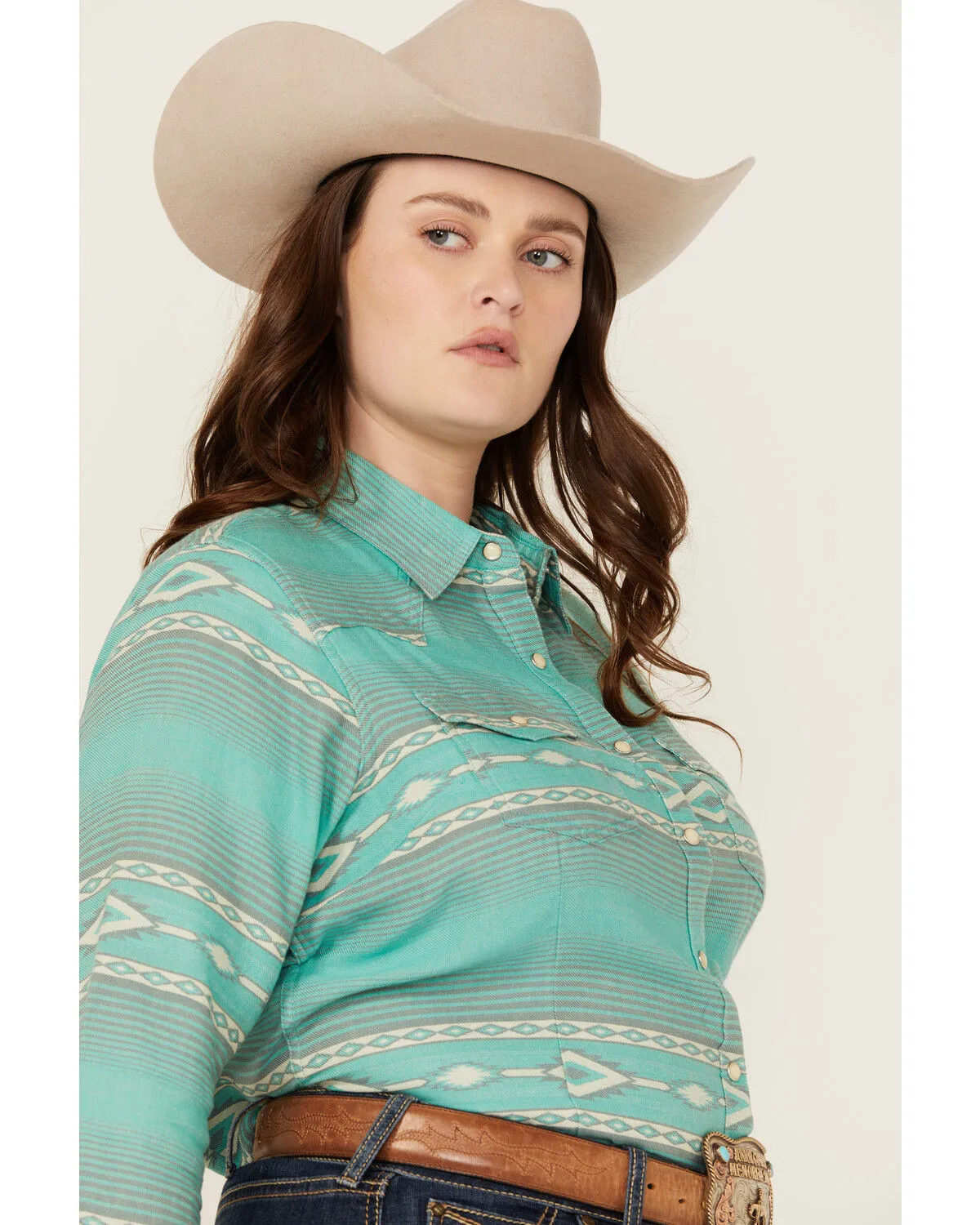 Ariat Women's R.E.A.L Jadeite Jacquard Southwestern Print Long Sleeve Snap Western Shirt - Plus