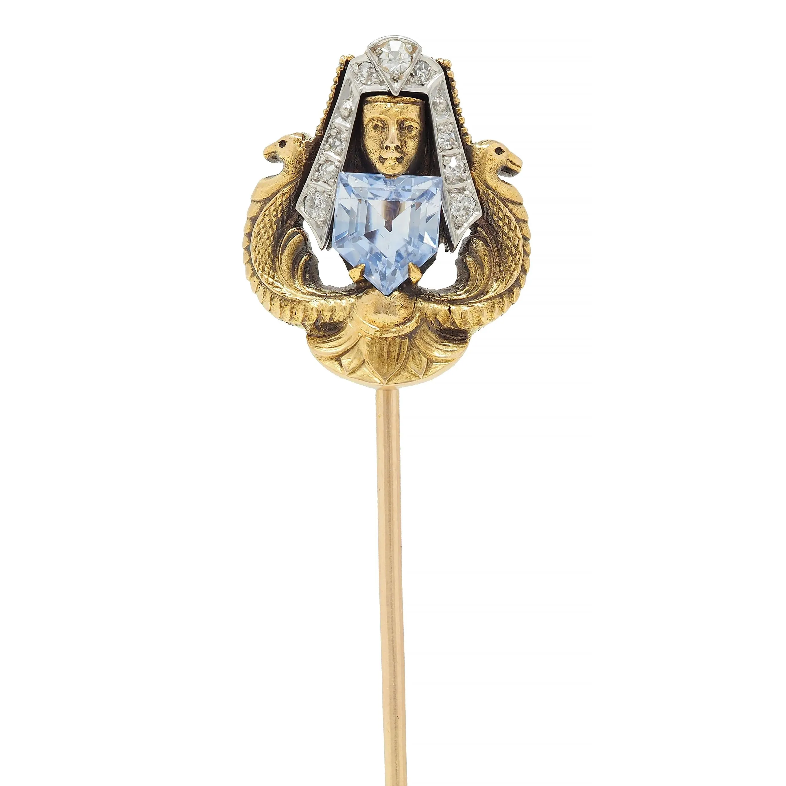 Art Deco Egyptian Revival 1.02 CTW Sapphire Diamond Platinum 18 Karat Gold Antique Stickpin