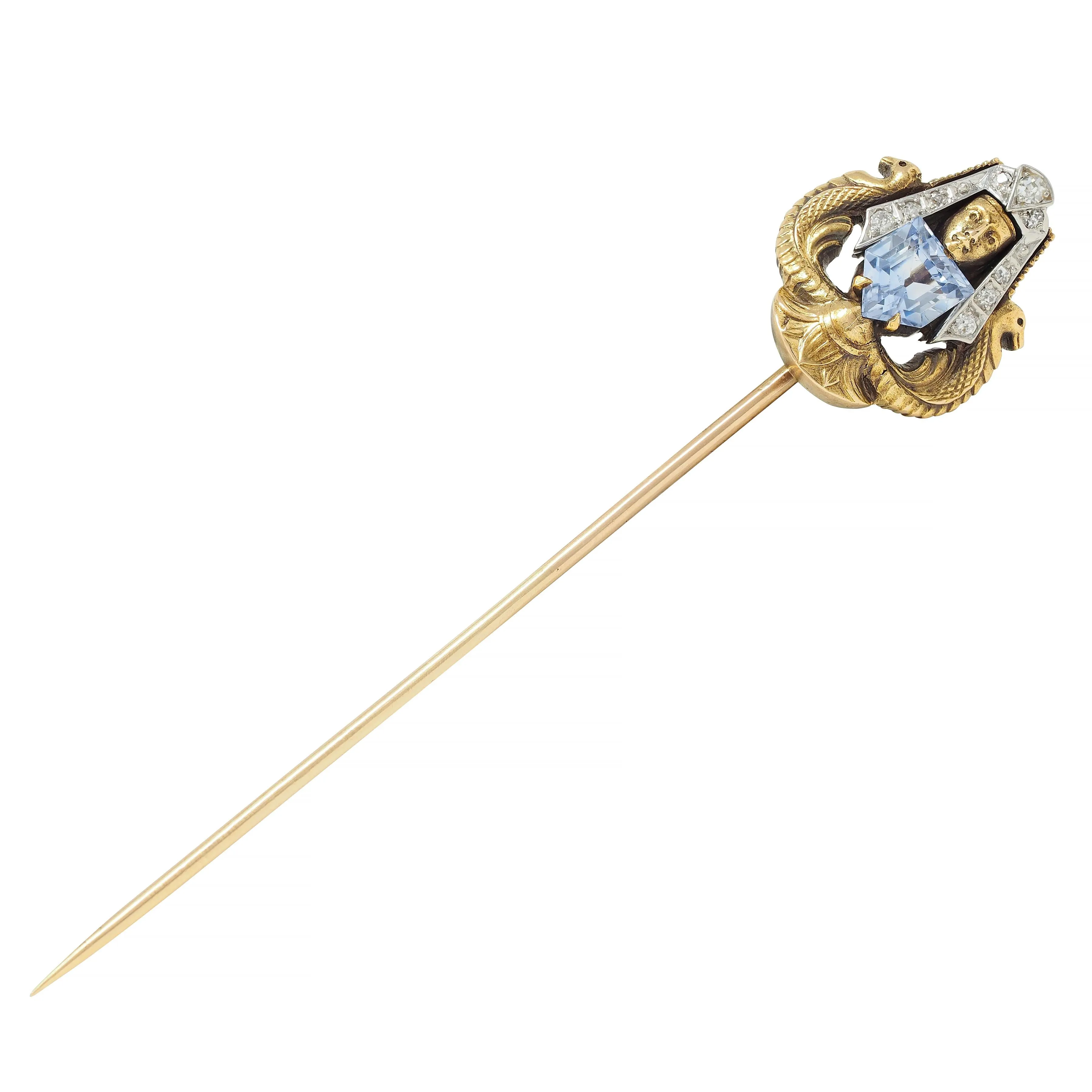 Art Deco Egyptian Revival 1.02 CTW Sapphire Diamond Platinum 18 Karat Gold Antique Stickpin