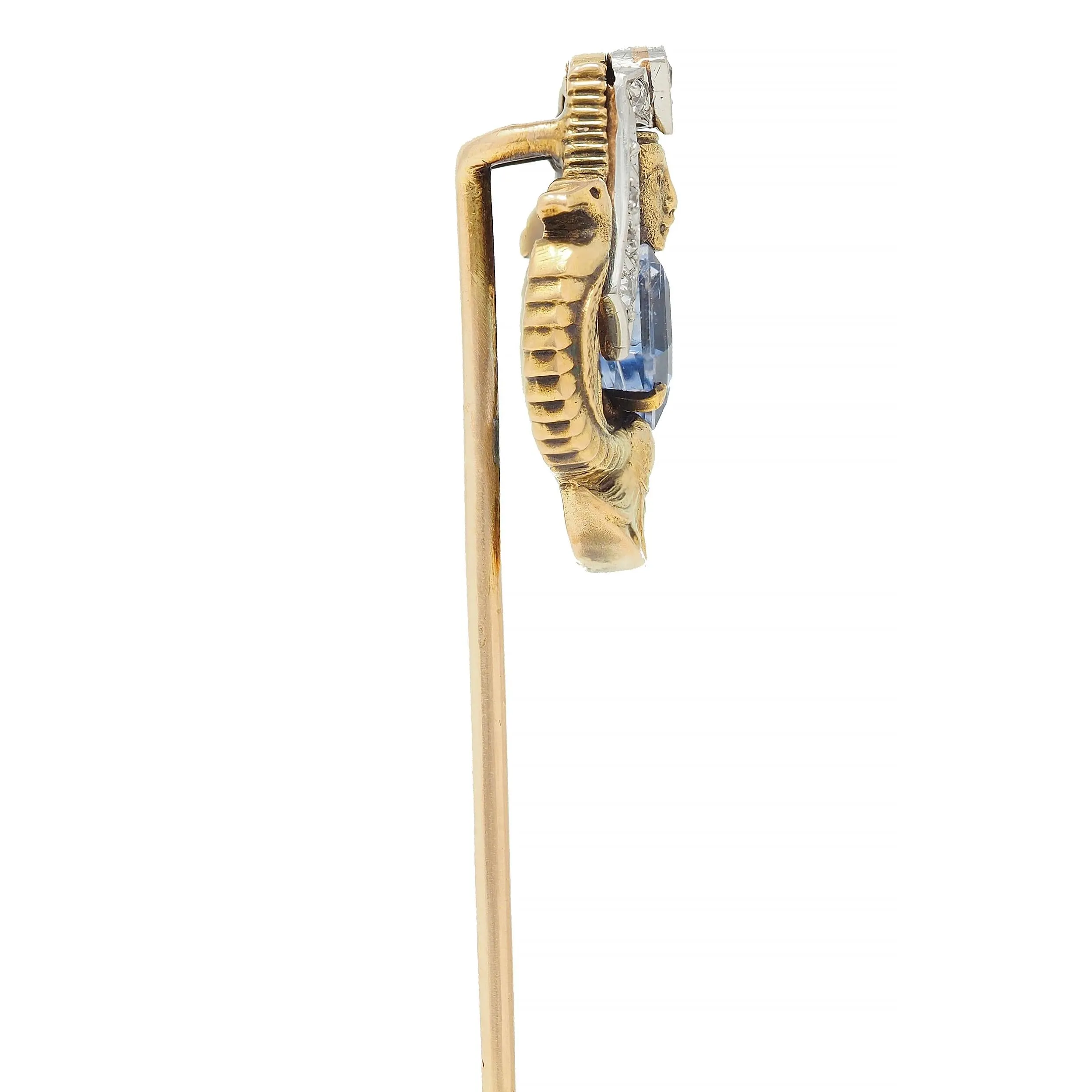 Art Deco Egyptian Revival 1.02 CTW Sapphire Diamond Platinum 18 Karat Gold Antique Stickpin