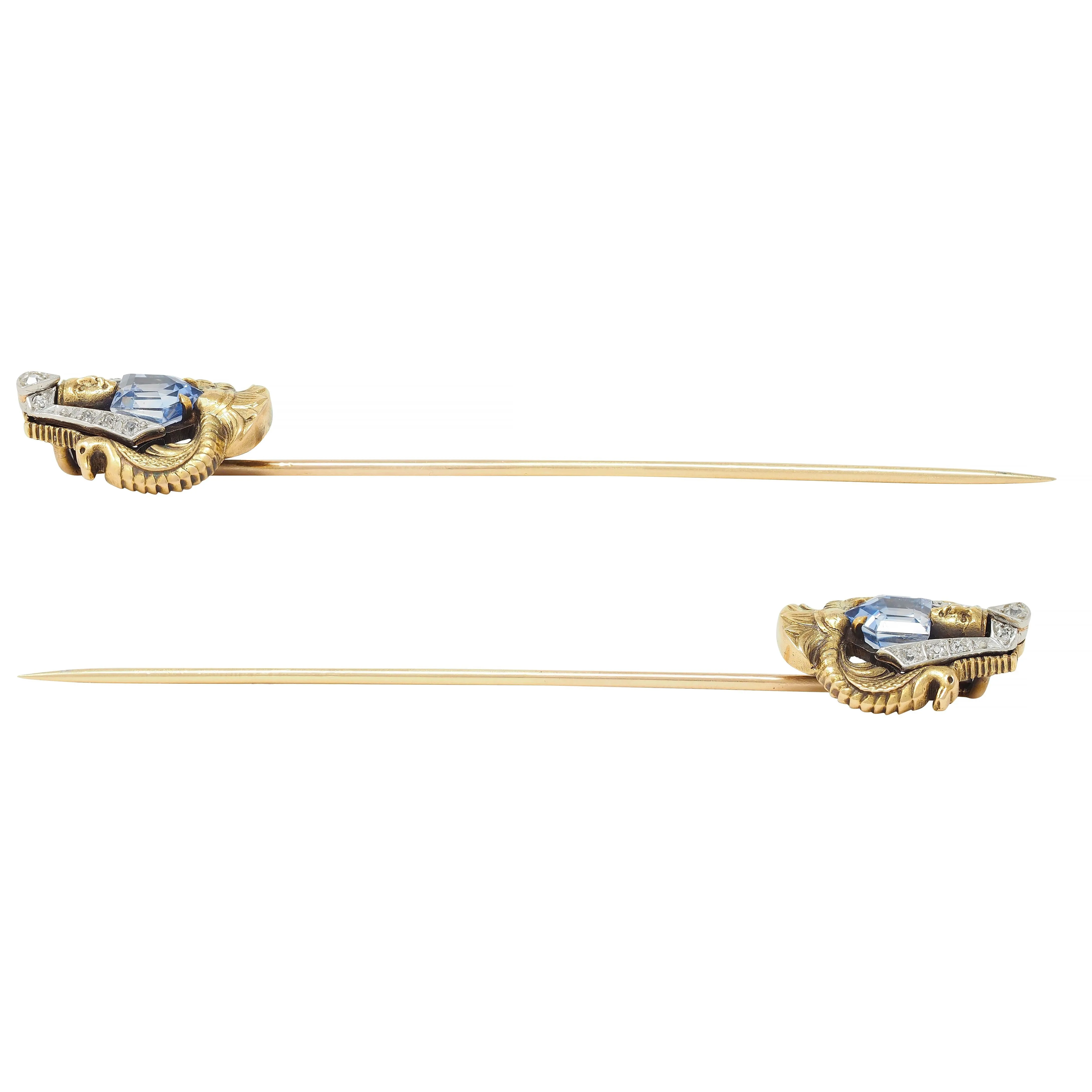 Art Deco Egyptian Revival 1.02 CTW Sapphire Diamond Platinum 18 Karat Gold Antique Stickpin