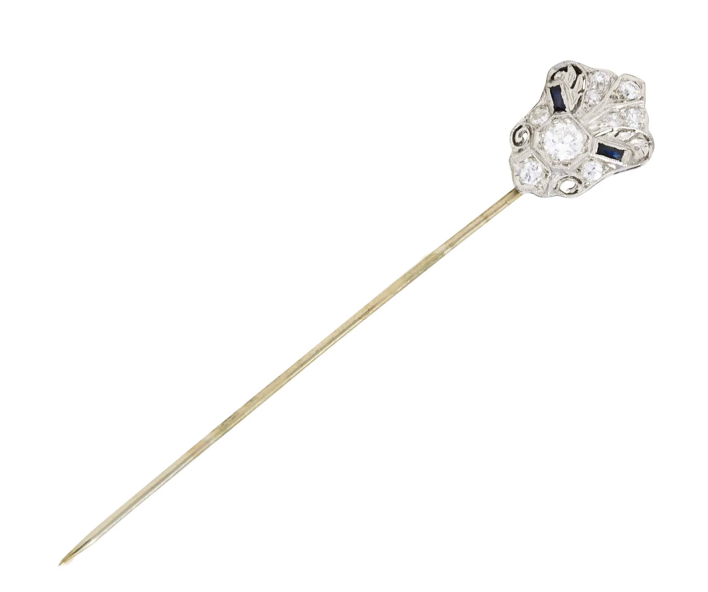 Art Deco Sapphire 0.57 CTW Diamond Platinum Cartouche Stickpin