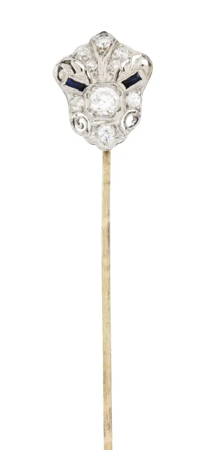 Art Deco Sapphire 0.57 CTW Diamond Platinum Cartouche Stickpin