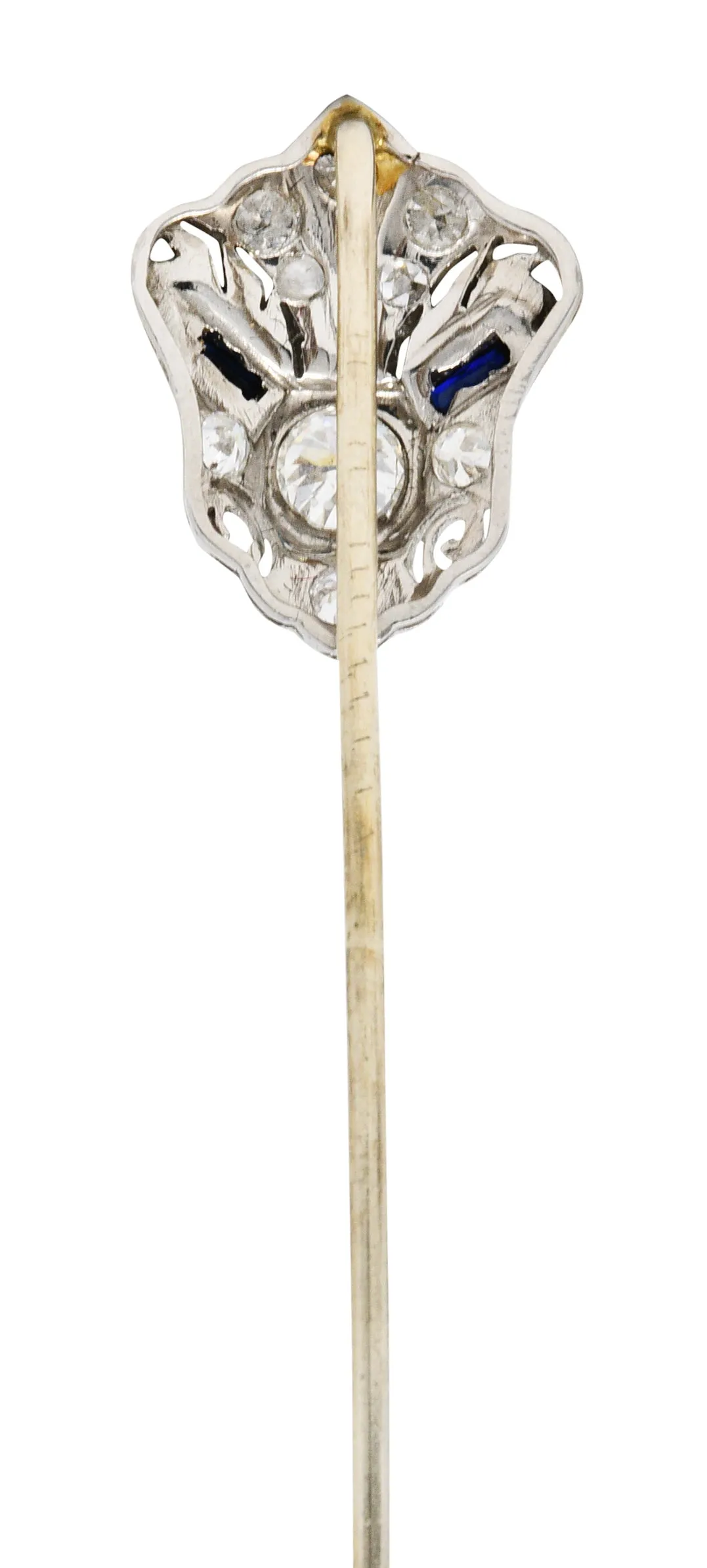 Art Deco Sapphire 0.57 CTW Diamond Platinum Cartouche Stickpin