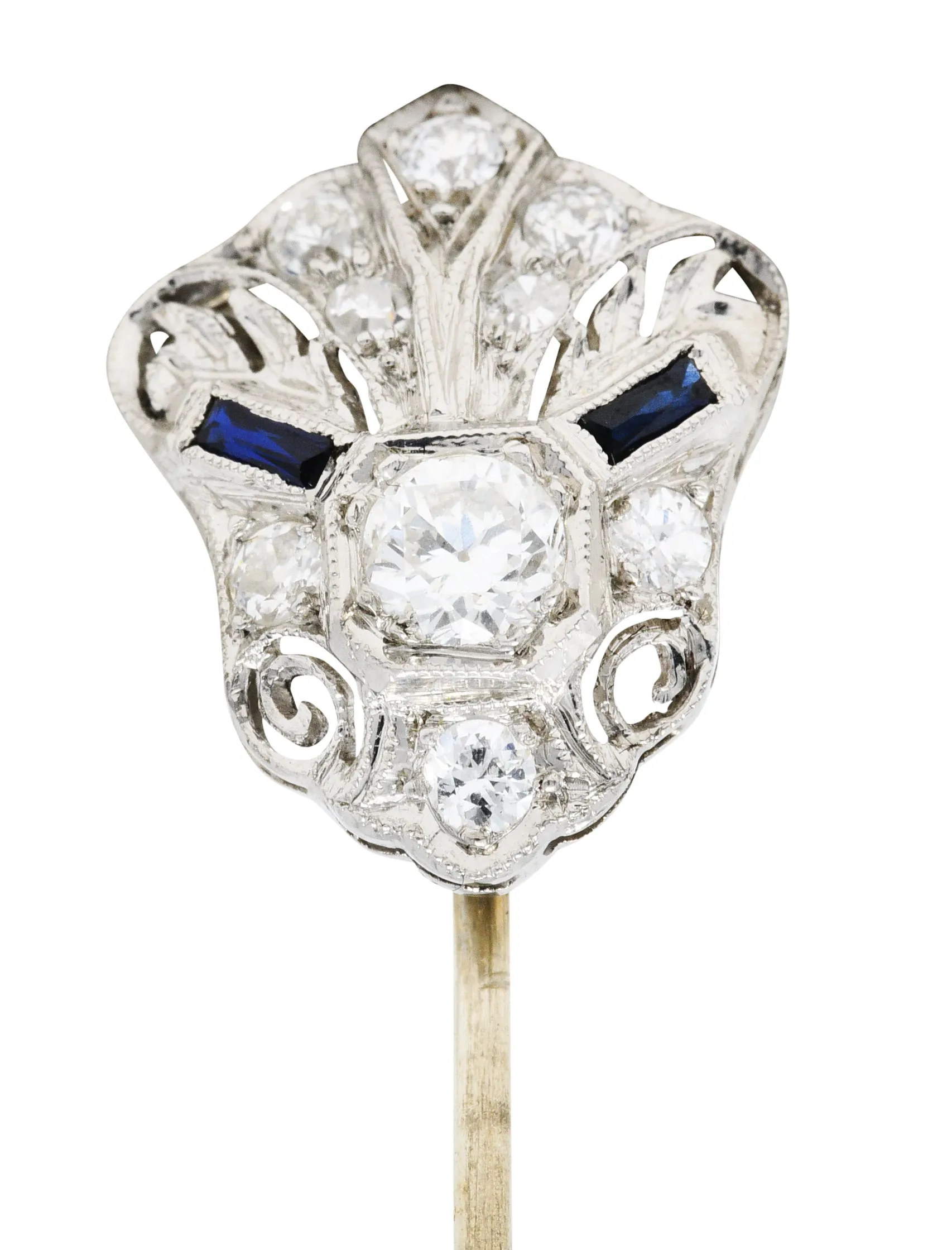 Art Deco Sapphire 0.57 CTW Diamond Platinum Cartouche Stickpin