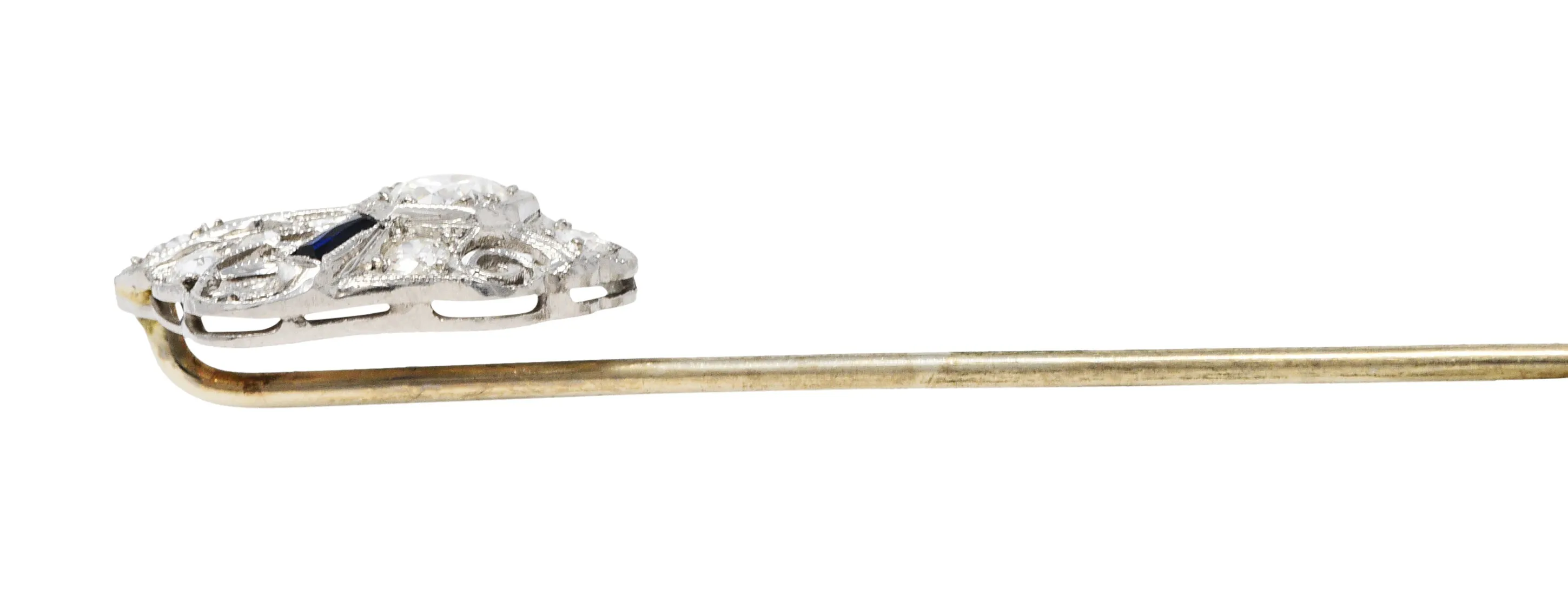 Art Deco Sapphire 0.57 CTW Diamond Platinum Cartouche Stickpin