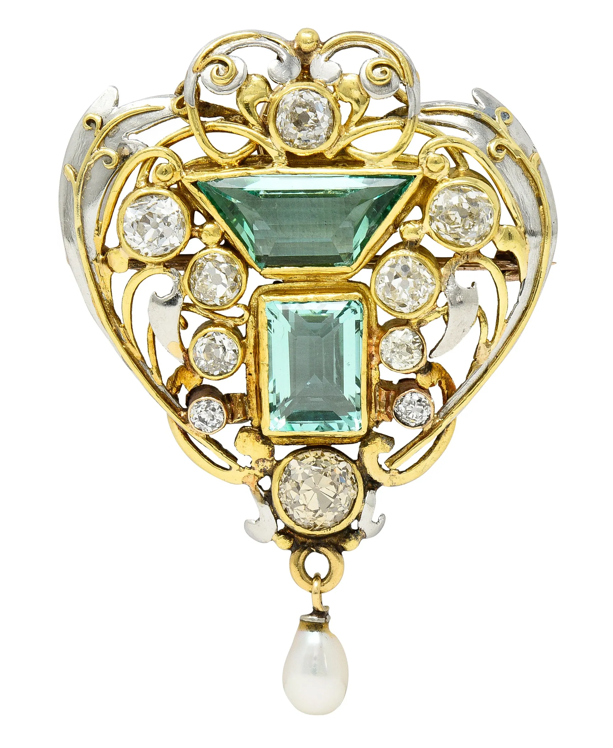 Arts & Crafts 8.80 CTW No Oil Emerald Diamond Pearl Platinum 18 Karat Yellow Gold Scrolling Foliate Antique Pendant Brooch GIA