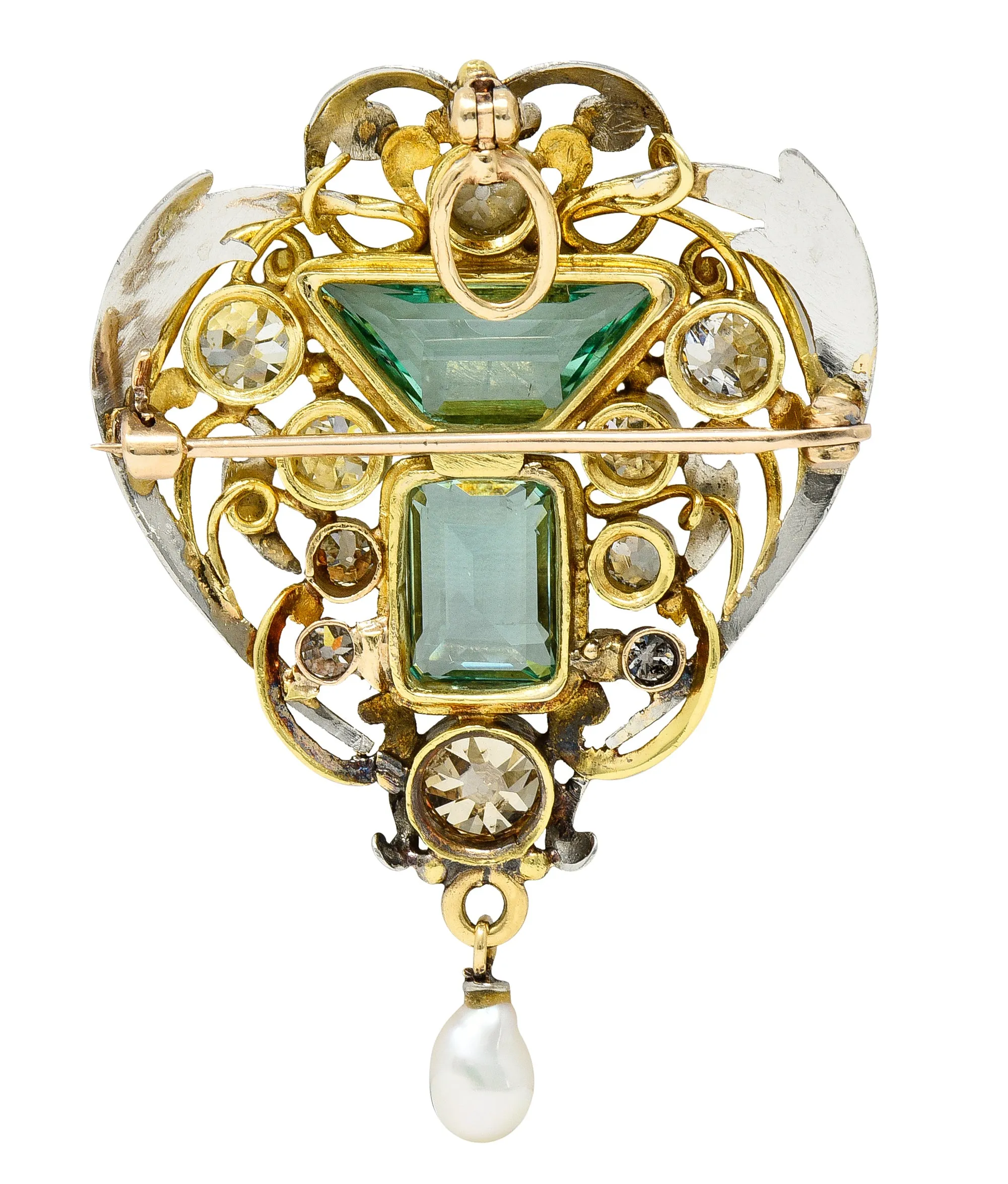 Arts & Crafts 8.80 CTW No Oil Emerald Diamond Pearl Platinum 18 Karat Yellow Gold Scrolling Foliate Antique Pendant Brooch GIA