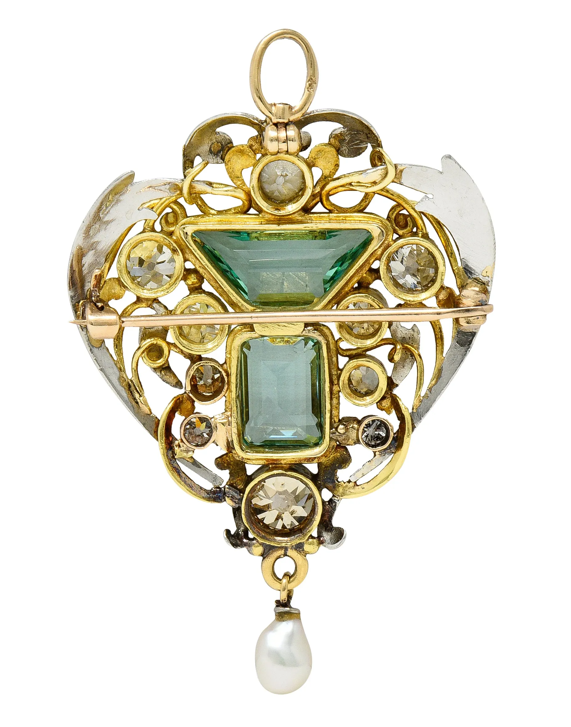 Arts & Crafts 8.80 CTW No Oil Emerald Diamond Pearl Platinum 18 Karat Yellow Gold Scrolling Foliate Antique Pendant Brooch GIA