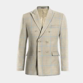 Beige prince of wales lightweight cotton-linen double-breasted Jacket