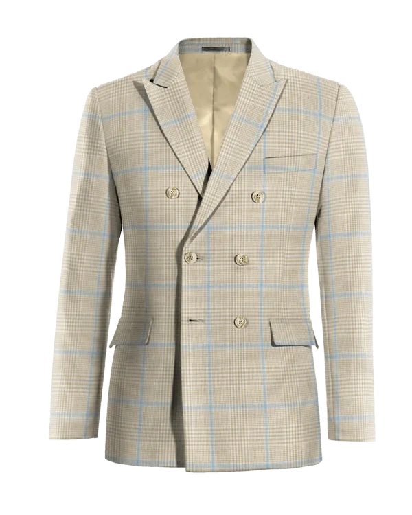 Beige prince of wales lightweight cotton-linen double-breasted Jacket