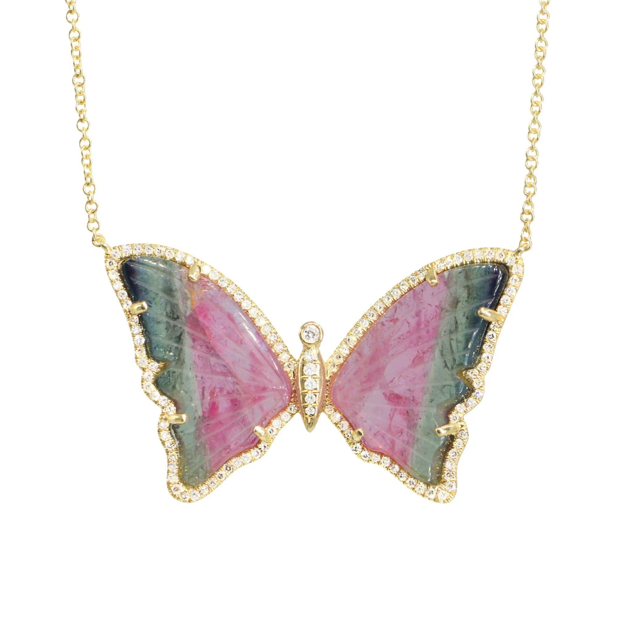 Bicolor Deep Watermelon Tourmaline Butterfly Necklace with Diamonds