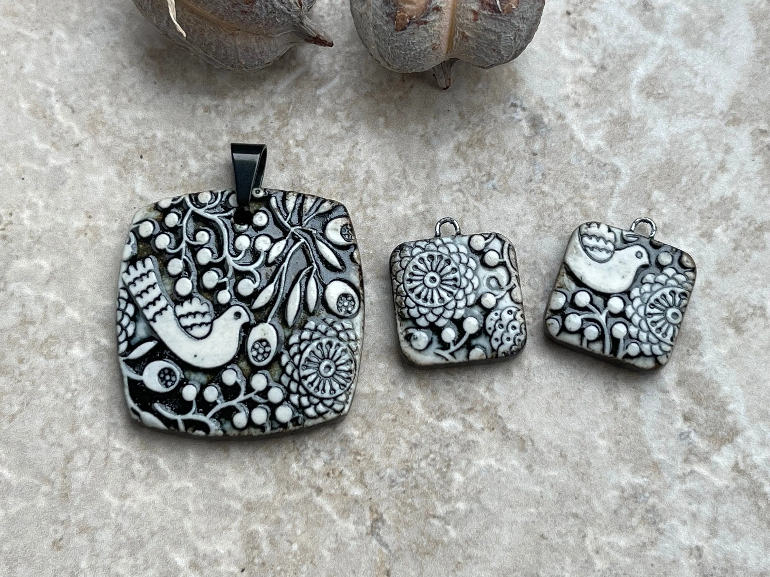 Black and white Bird Pendant and Charms, Scandinavian Square Pendant, Porcelain Ceramic Pendant, Artisan Pendant, Jewelry Making