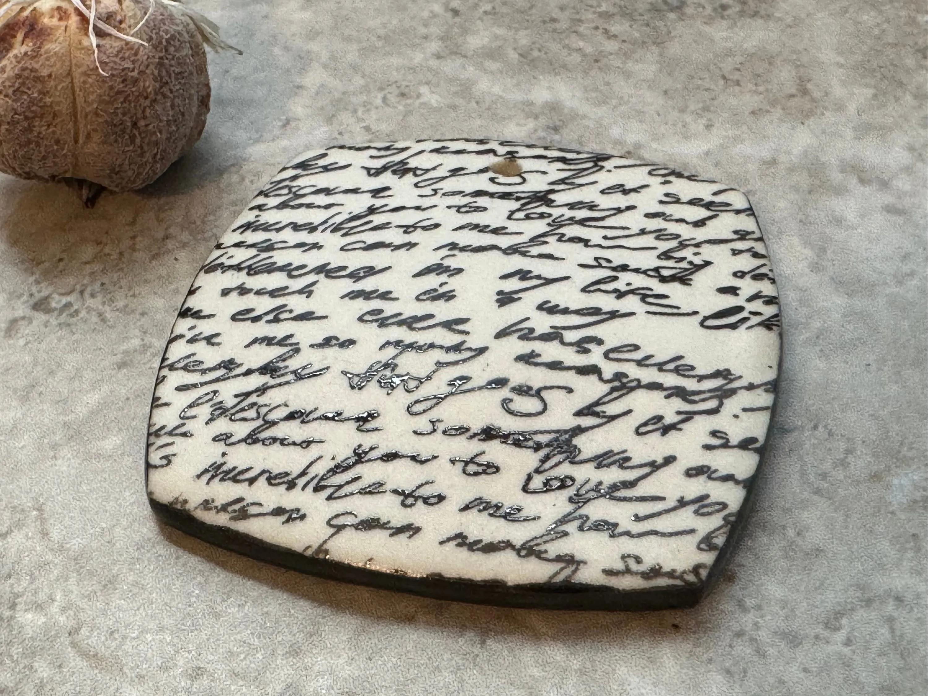 Black and white Love Poem Pendant, Pendant, Obtuse Square, Porcelain Ceramic Pendant, Artisan Pendant, Jewelry Making Components