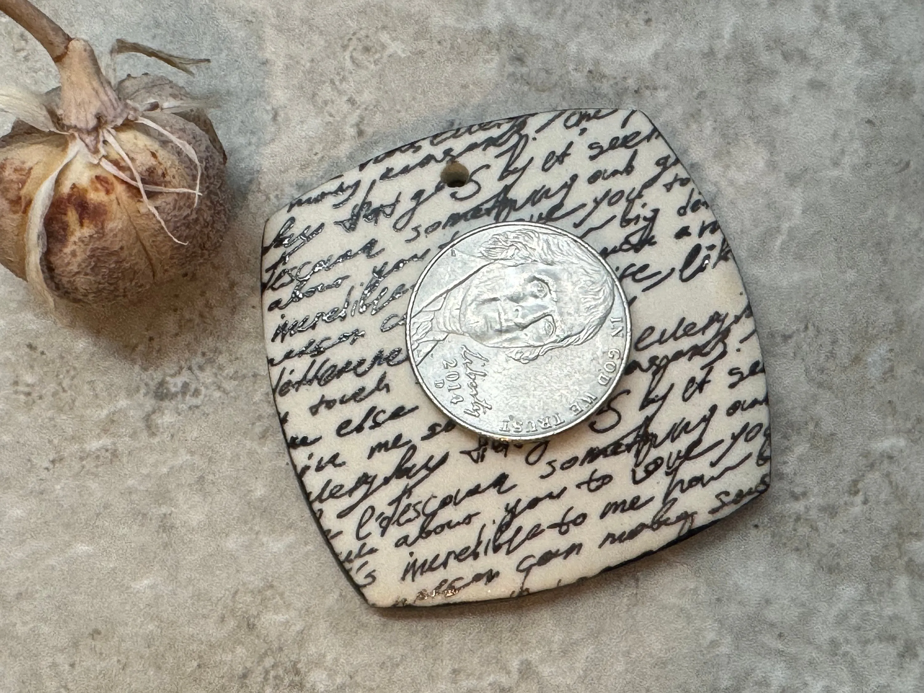 Black and white Love Poem Pendant, Pendant, Obtuse Square, Porcelain Ceramic Pendant, Artisan Pendant, Jewelry Making Components