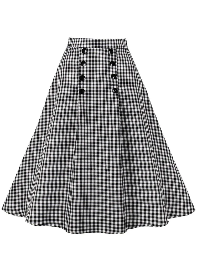 Black and White Plaid Double-Breasted Button Elegant Long High Waist Midi Vintage A Line Skirt