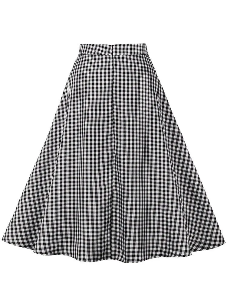 Black and White Plaid Double-Breasted Button Elegant Long High Waist Midi Vintage A Line Skirt